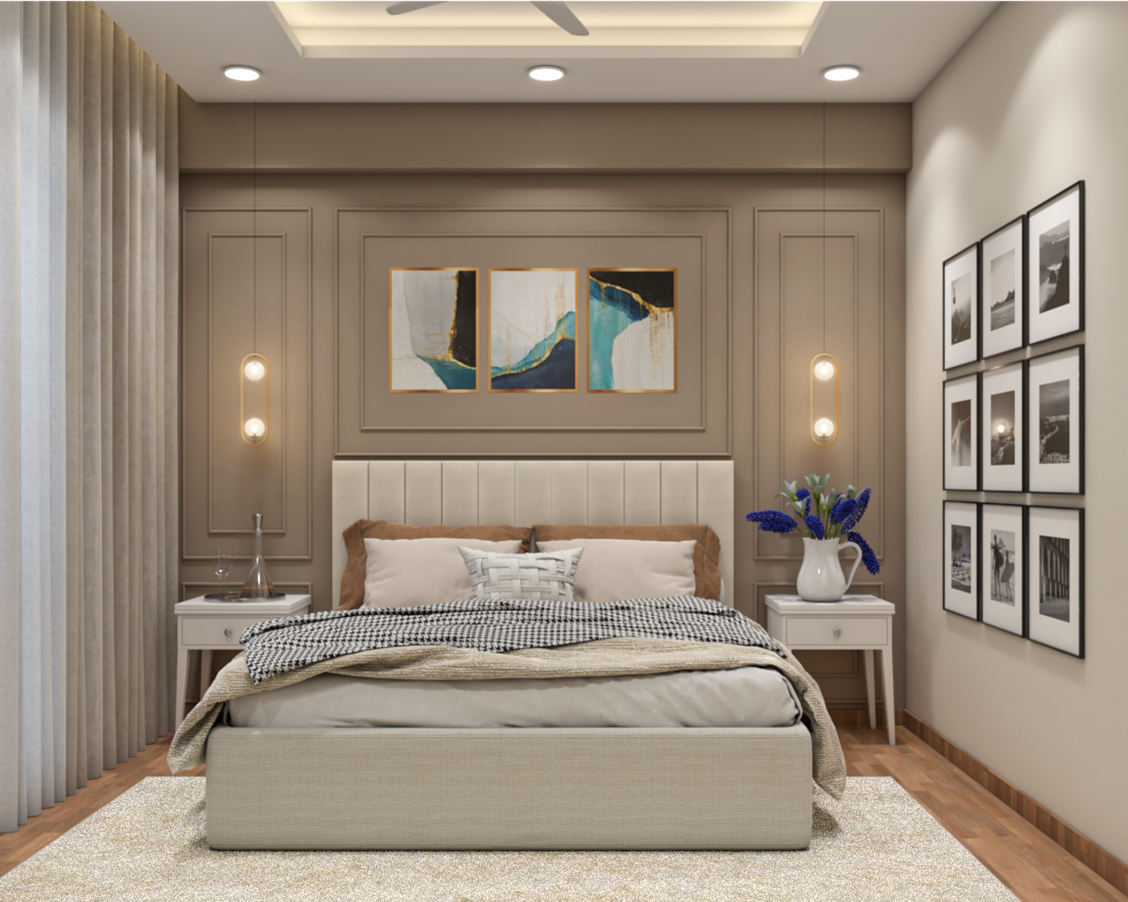 Modern Beige Themed Master Bedroom Design With Wooden Flooring
