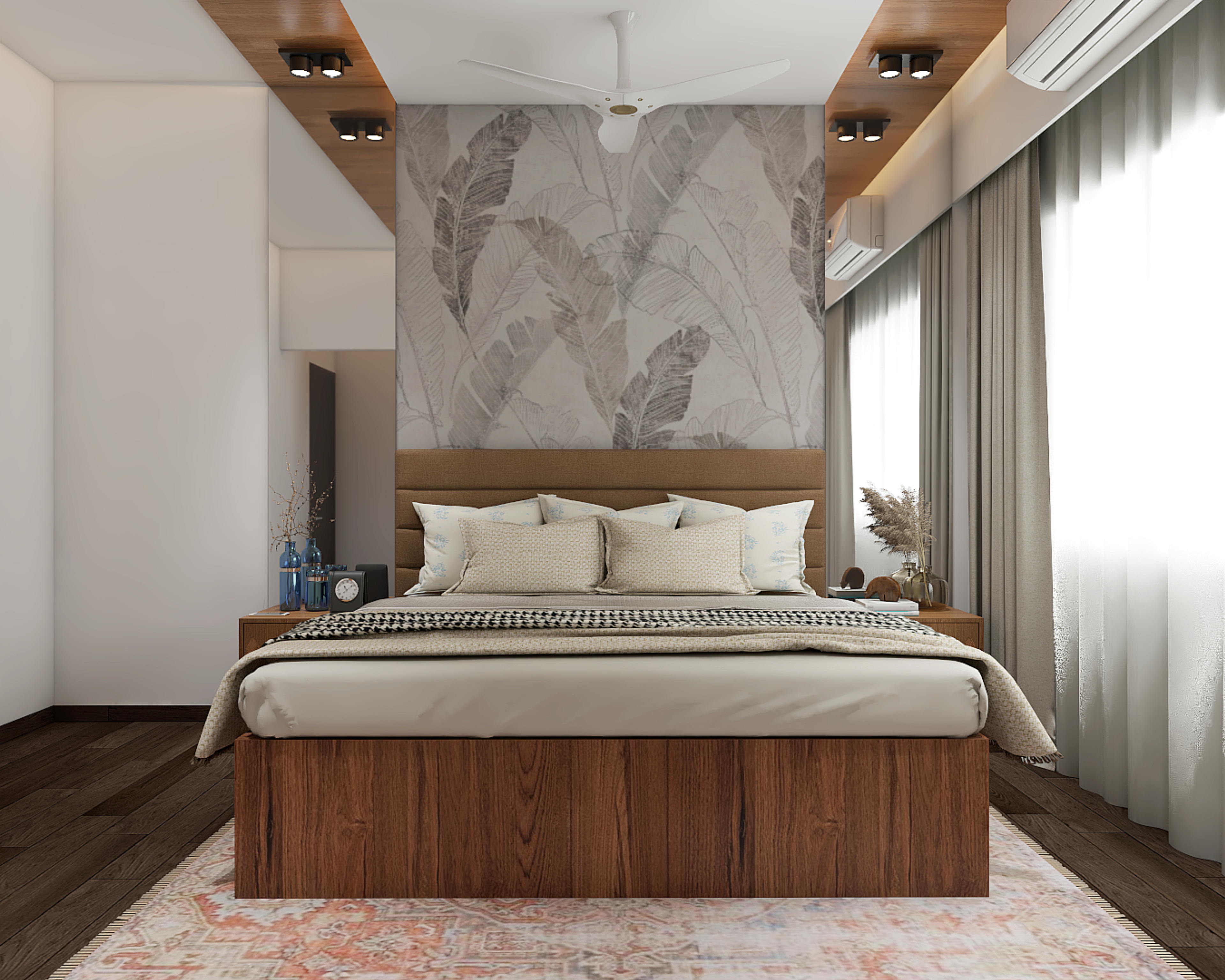 Compact Master Bedroom Design With Patterned Wallpaper