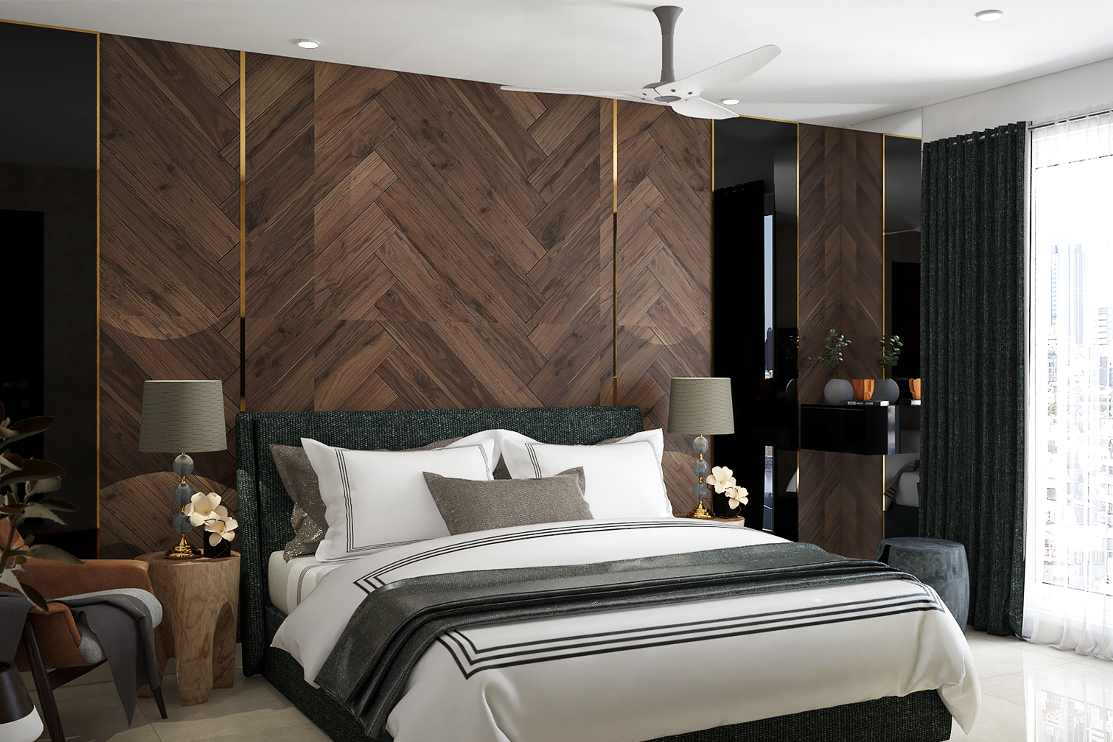 Contemporary Master Bedroom Design With Golden Trims