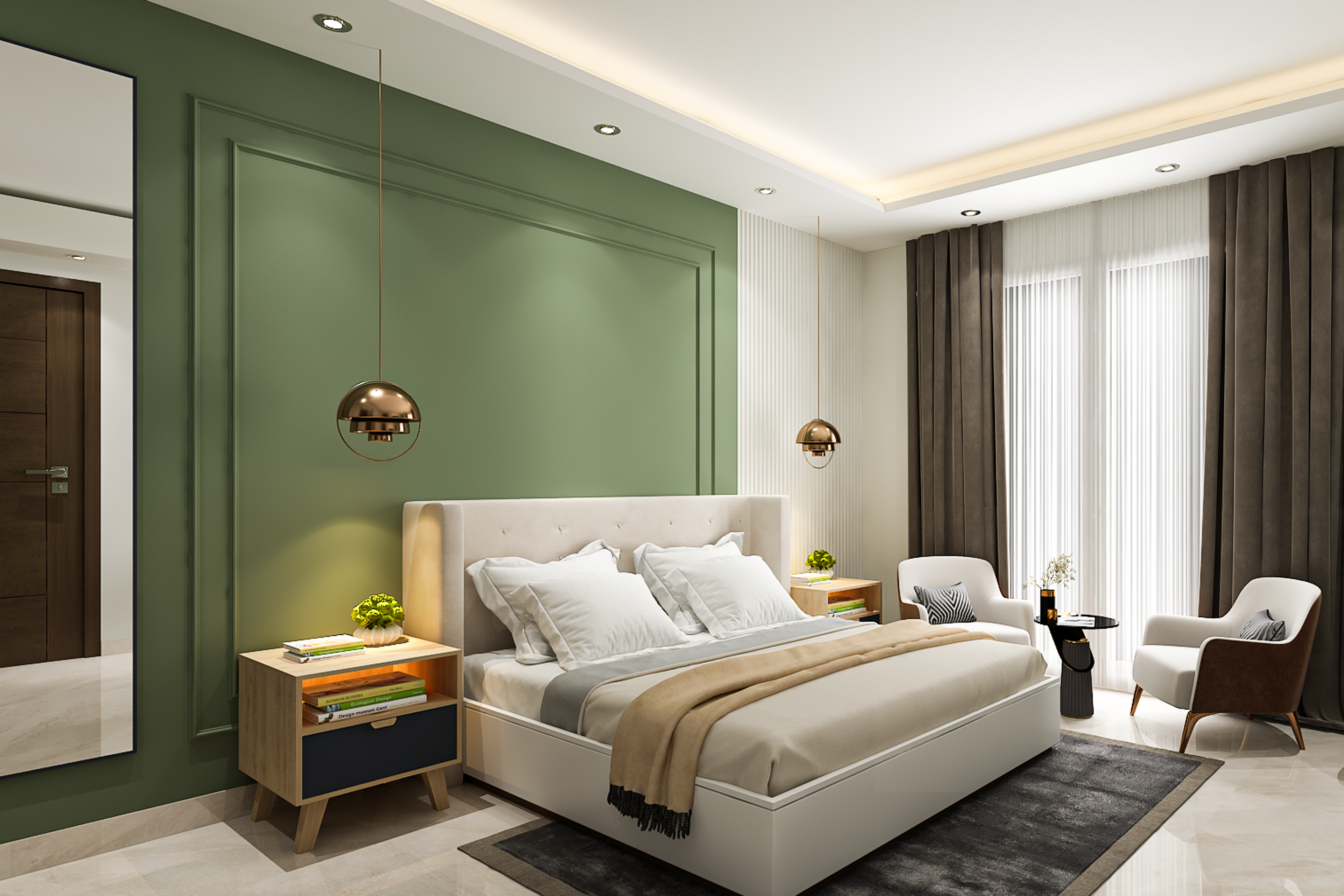 Modern Master Bedroom Design With Sage Green Accent Wall