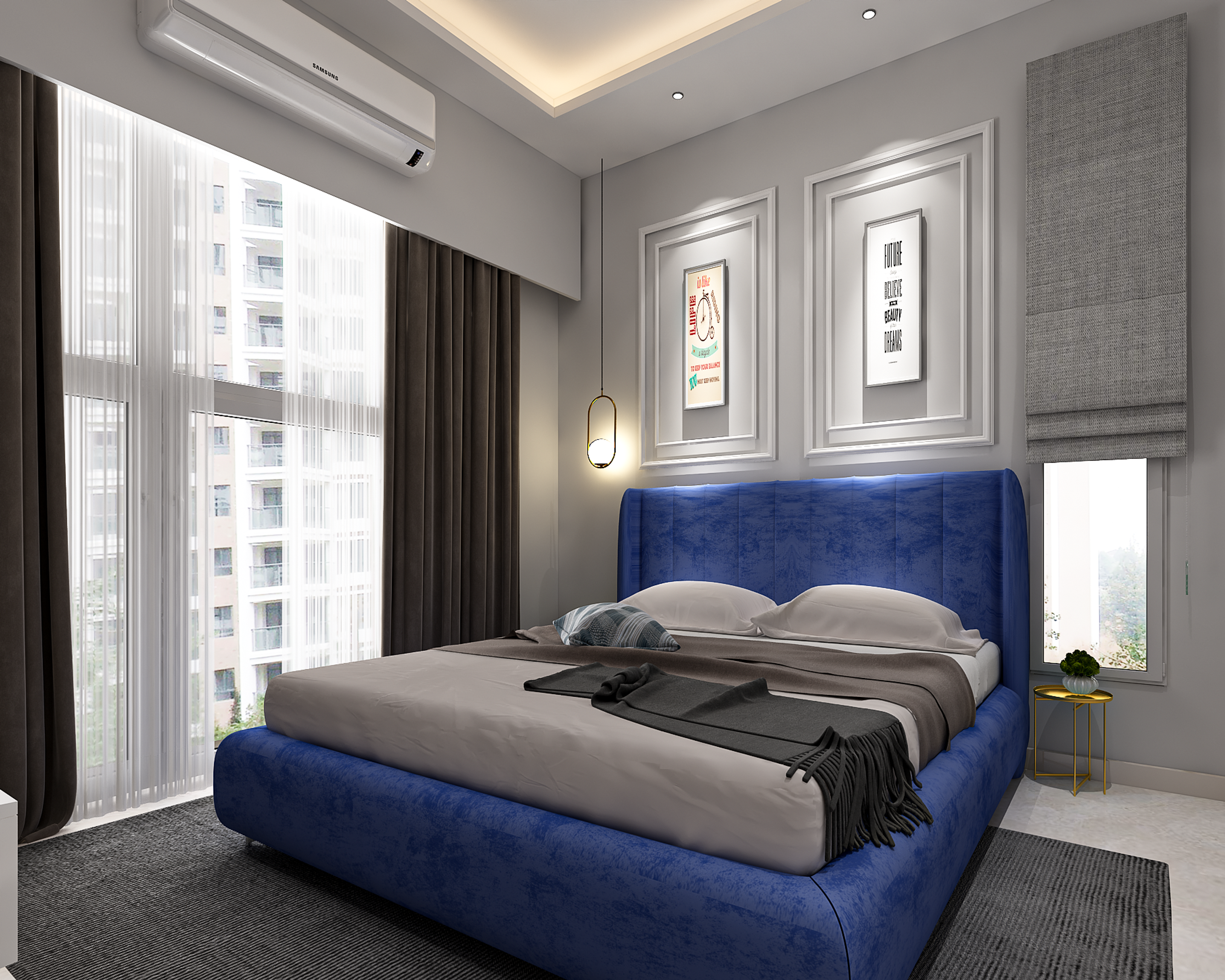 Modern Electric Blue And Grey Master Bedroom Design