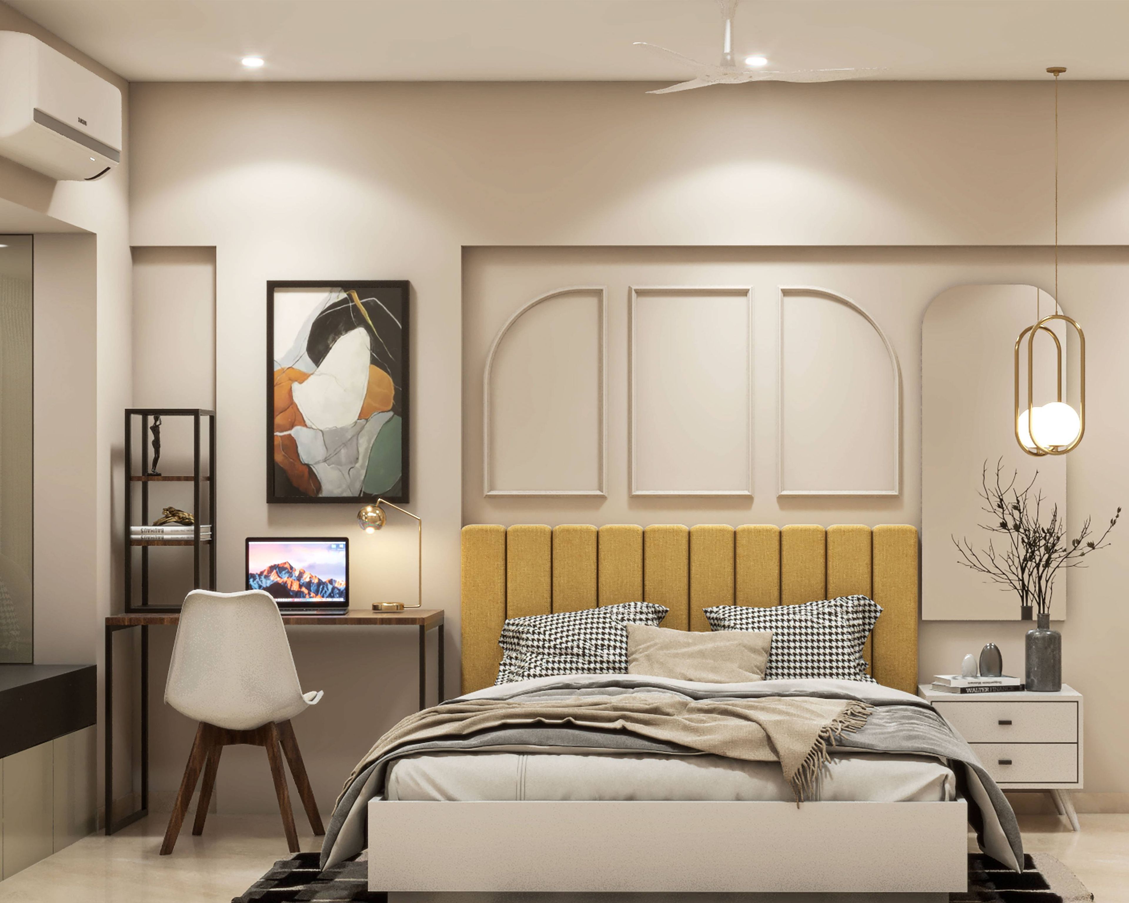 Rustic Master Bedroom Design With Mustard Yellow Headboard