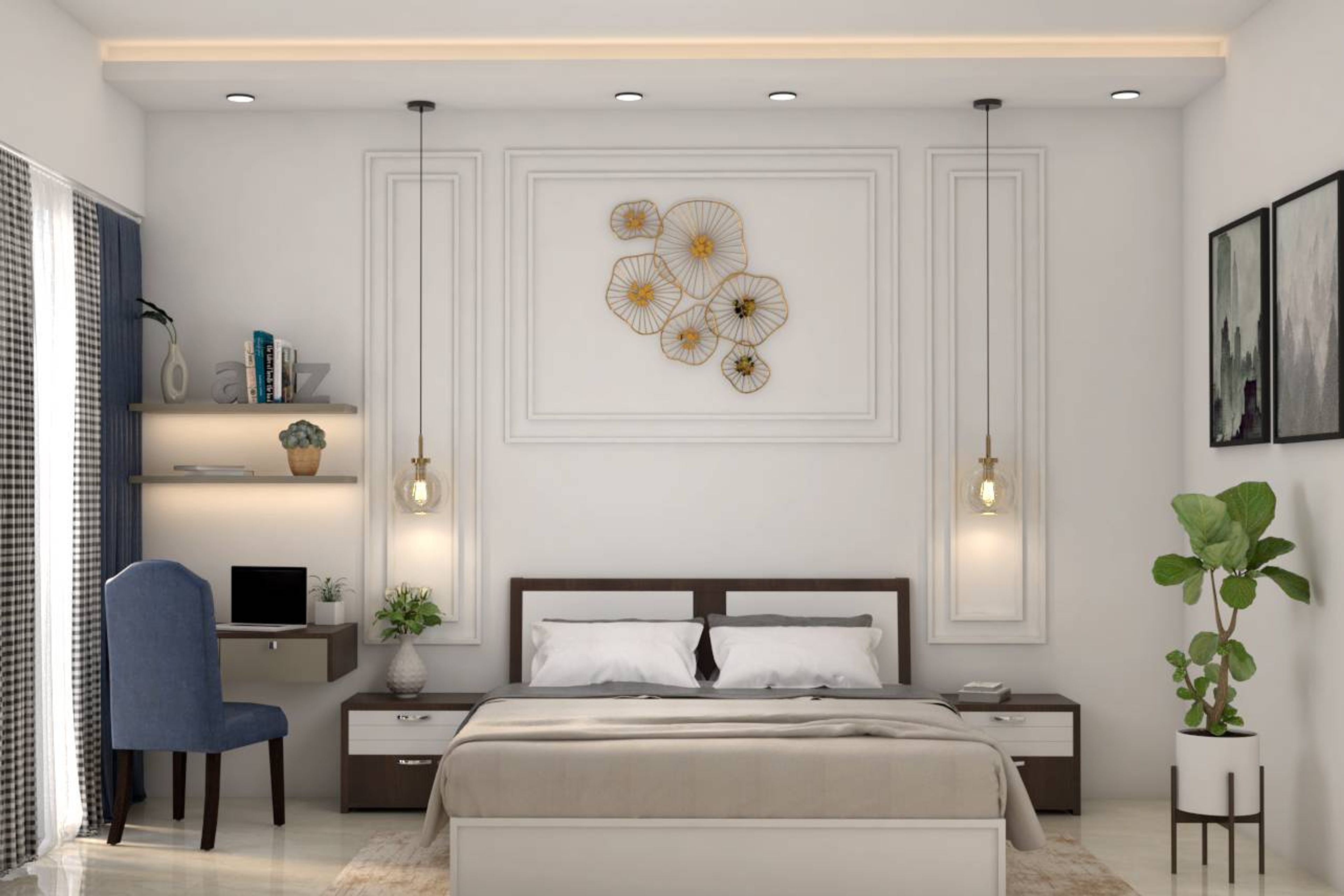 Modern Style Compact Master Bedroom Design With White-Finished Double Bed