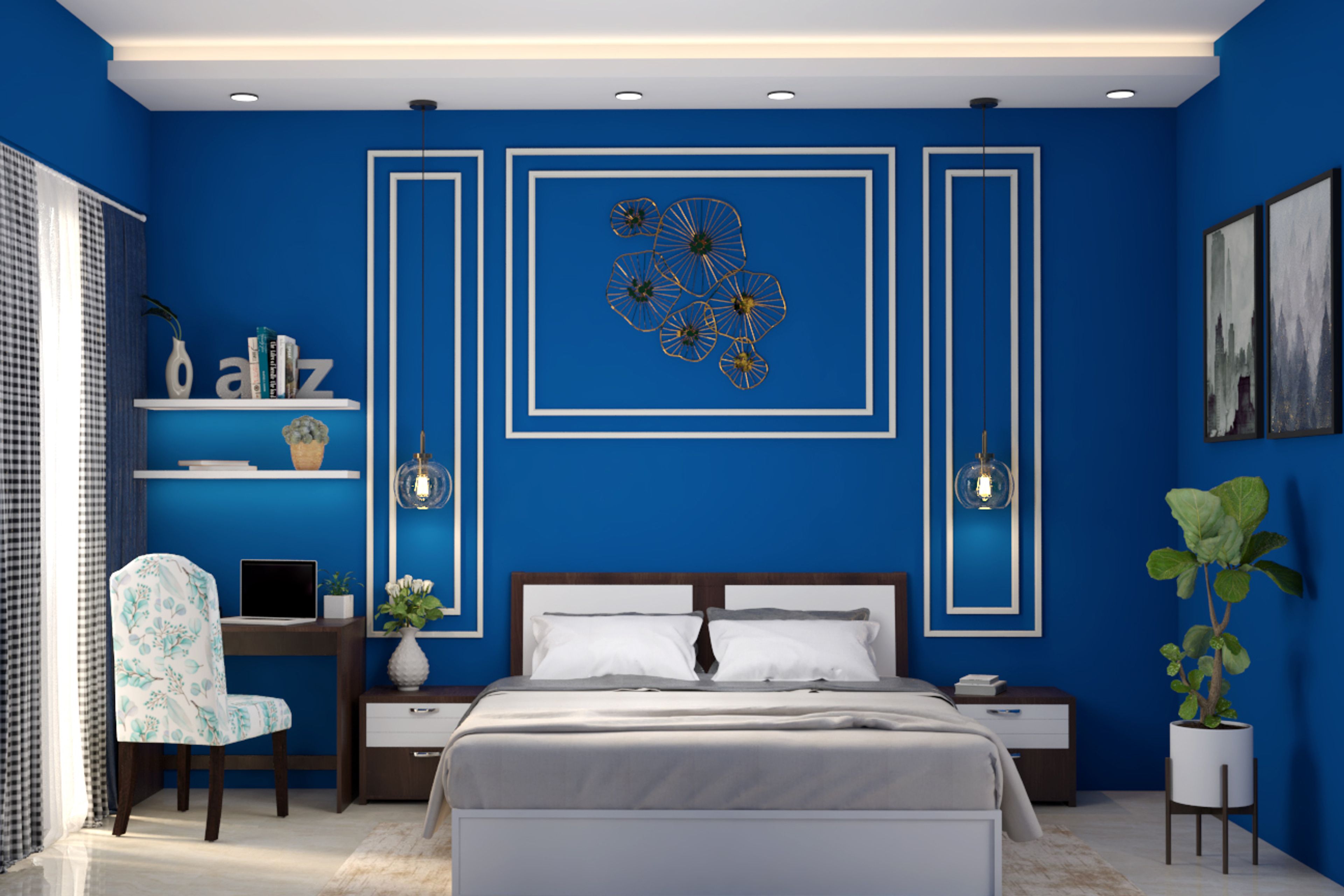 Classic Blue And White Master Bedroom Design With Desk