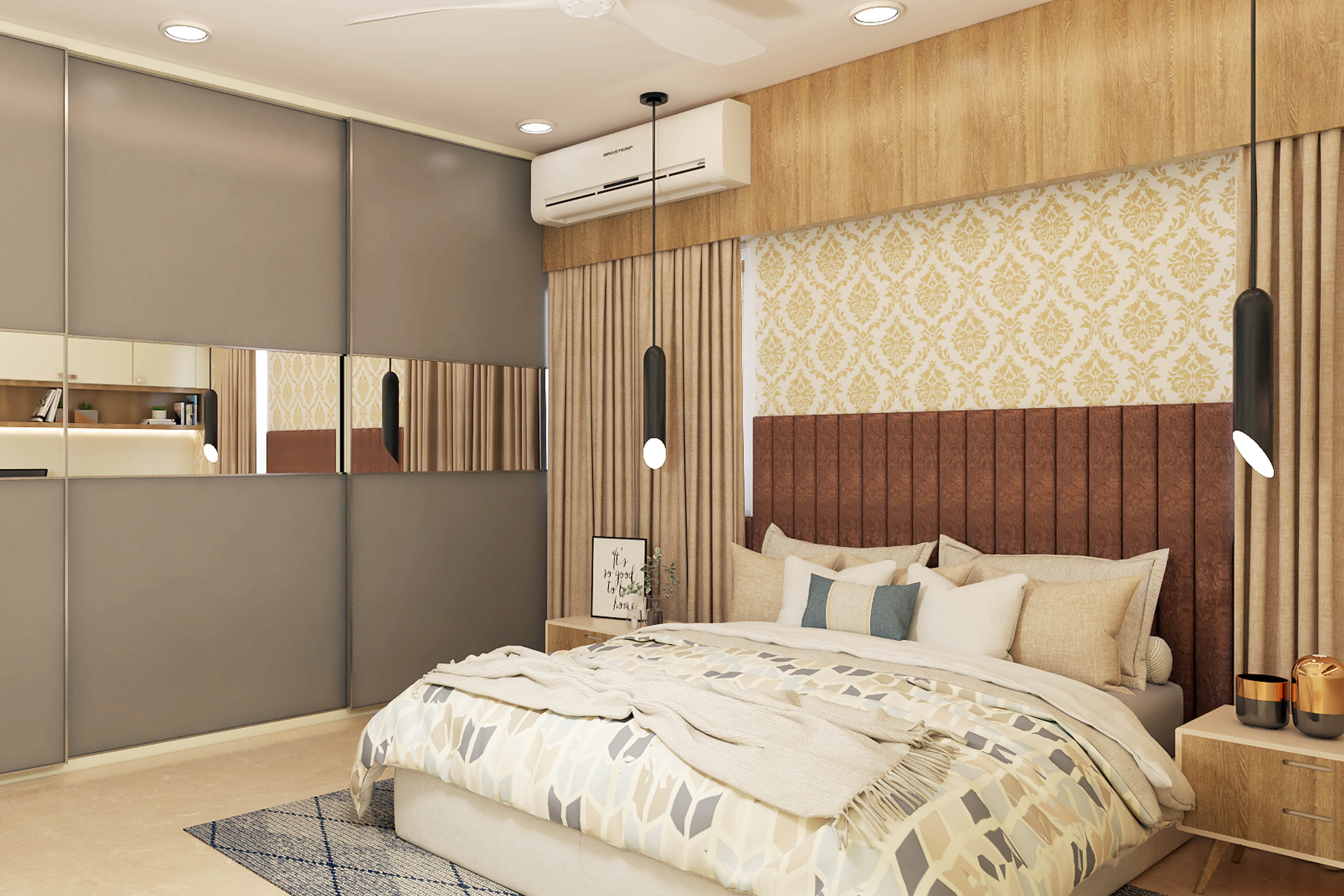Modern Master Bedroom With Beige Patterned Wall And Grey Wardrobe
