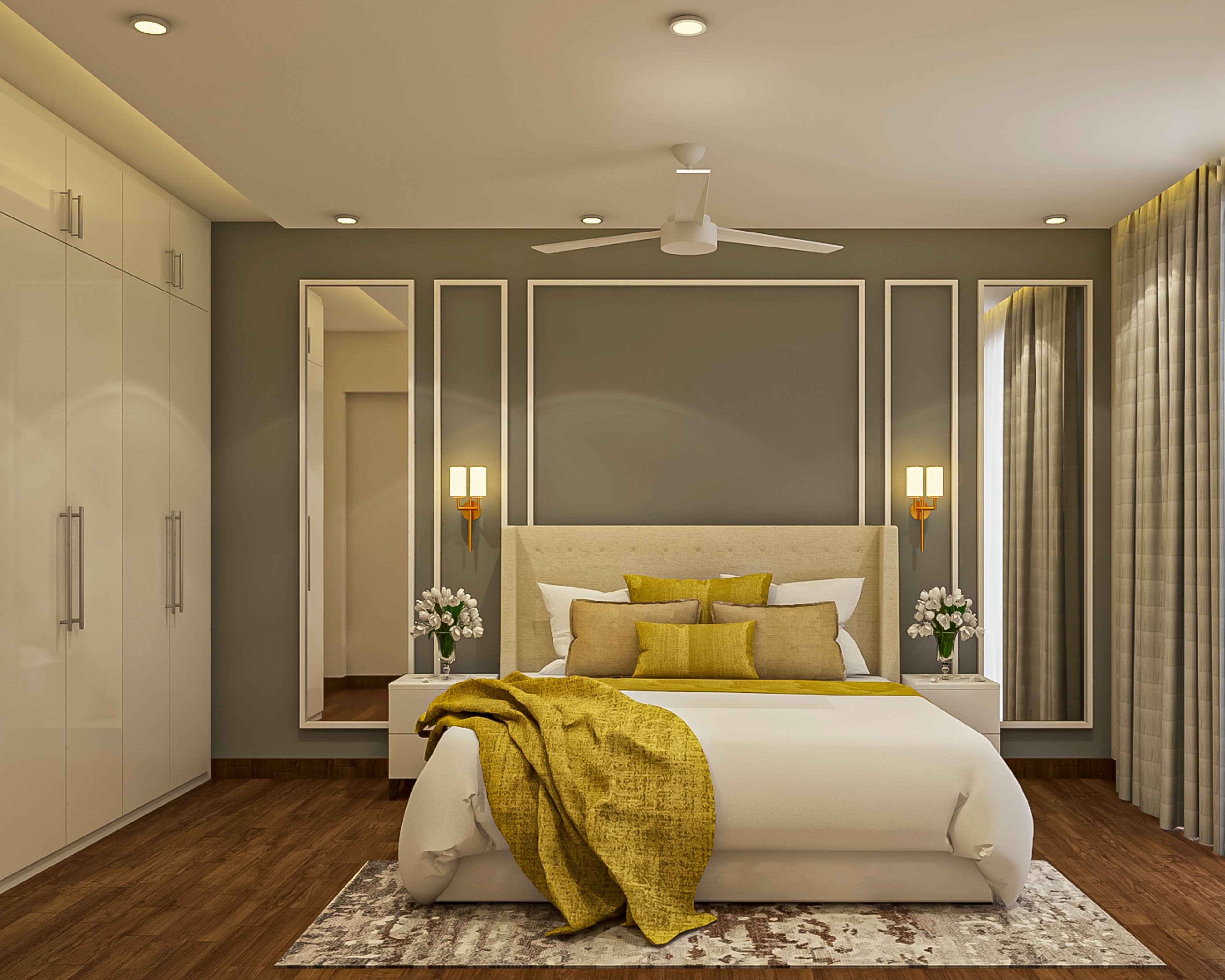 Contemporary Master Bedroom Design With False Ceiling And Grey Accent Wall