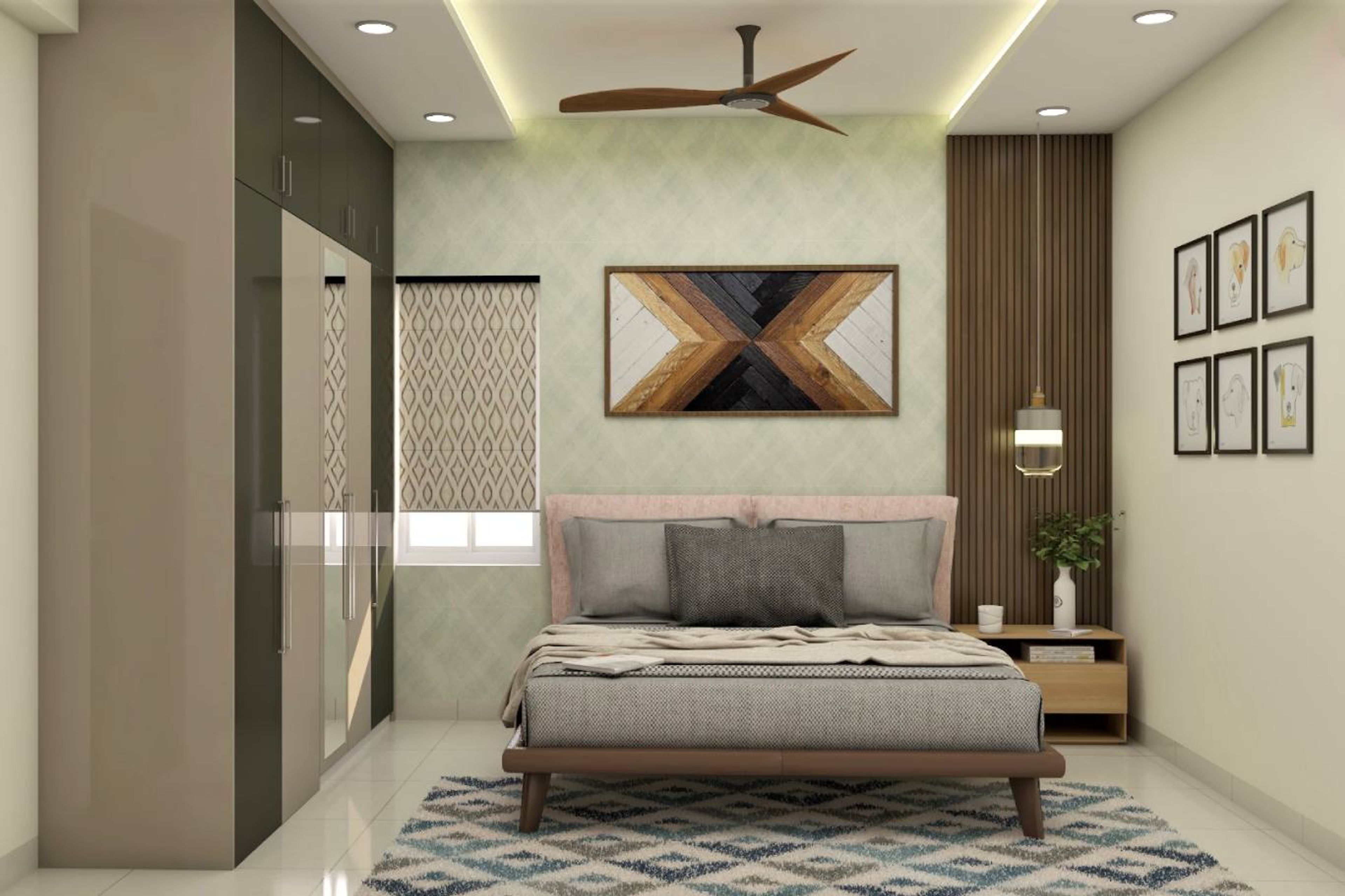 Modern Master Bedroom Design With Light Green Wallpaper