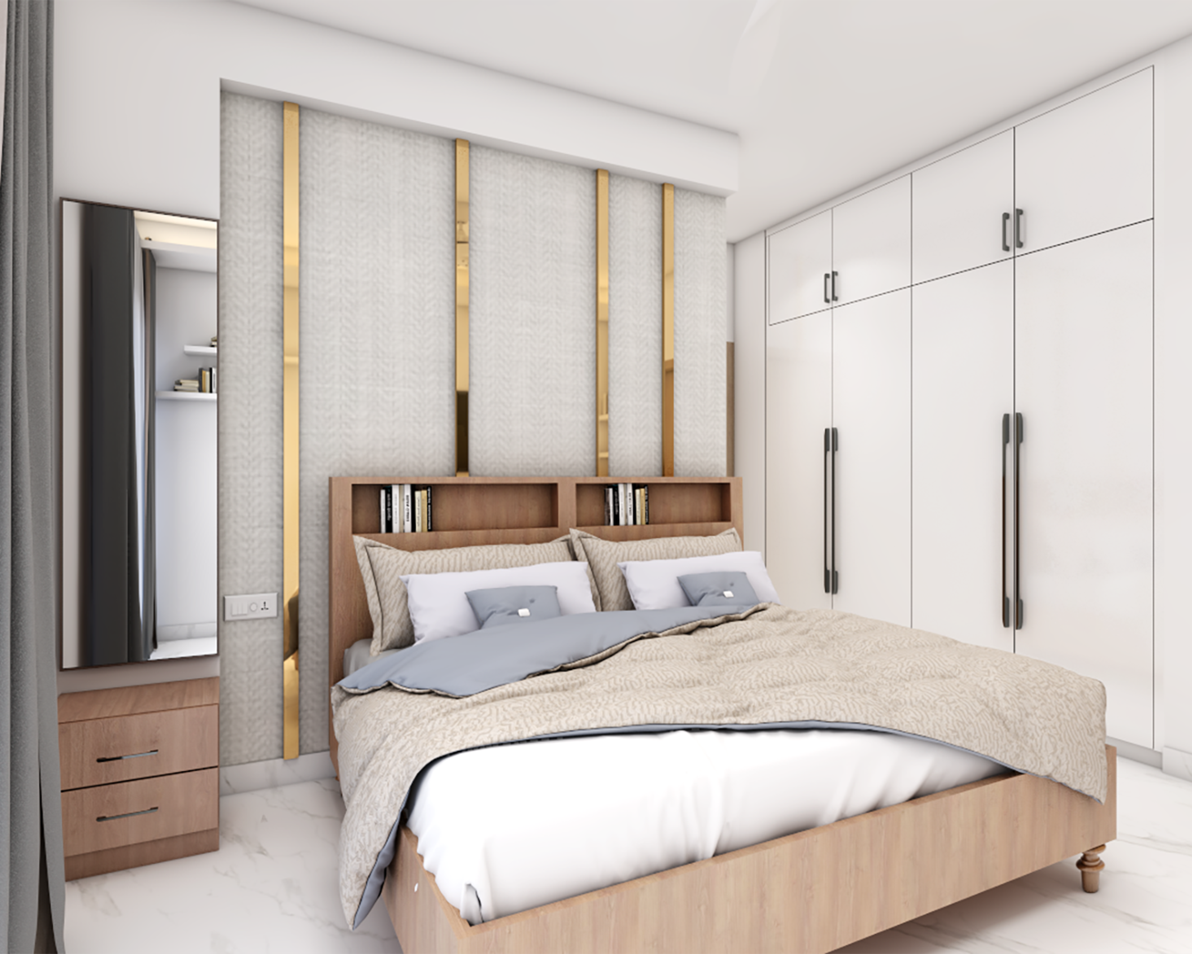 Modern Bedroom Design With Golden Trims On Accent Walls