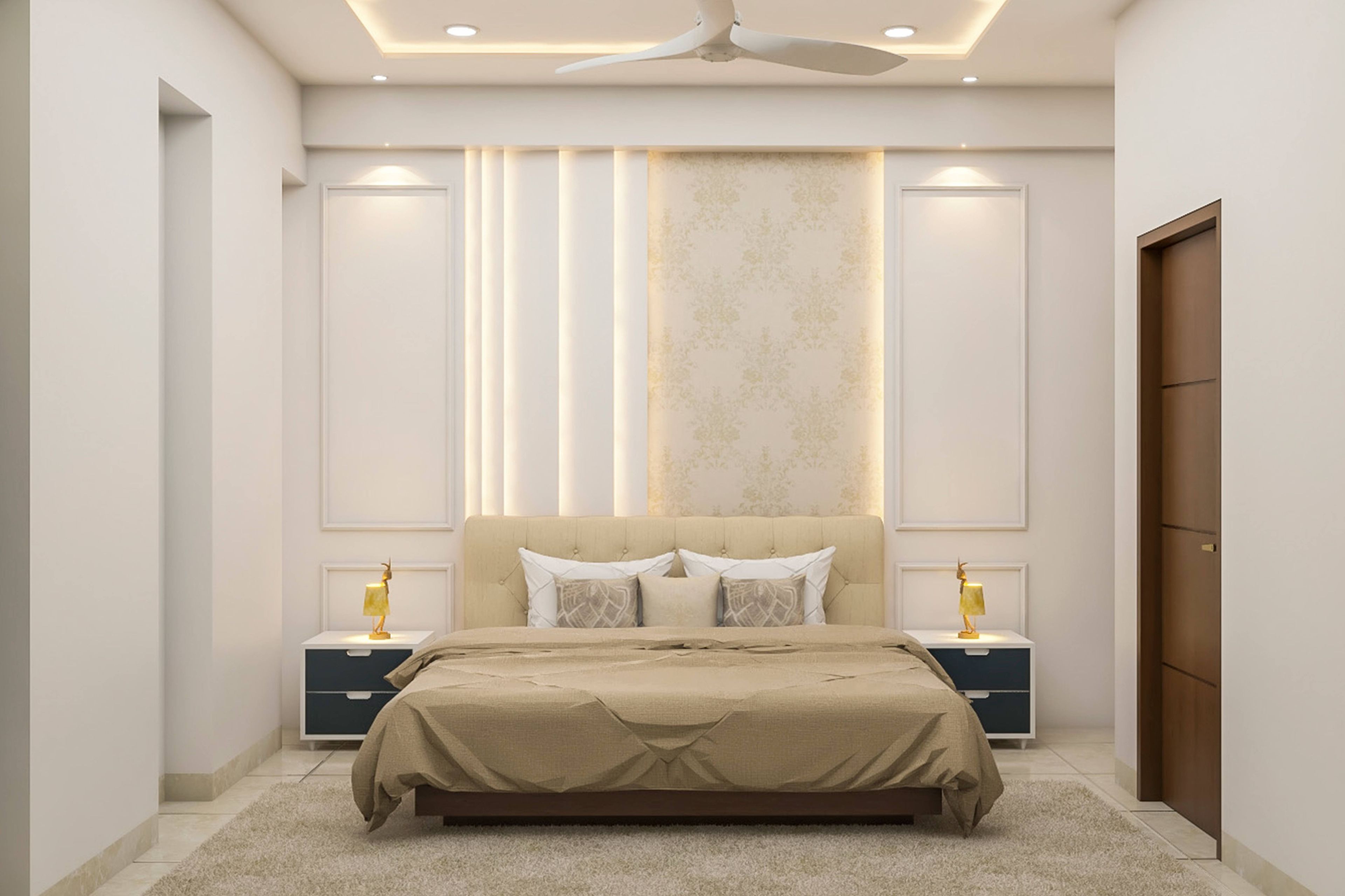 Modern Master Bedroom Design With White Trims And LED Strip Lights