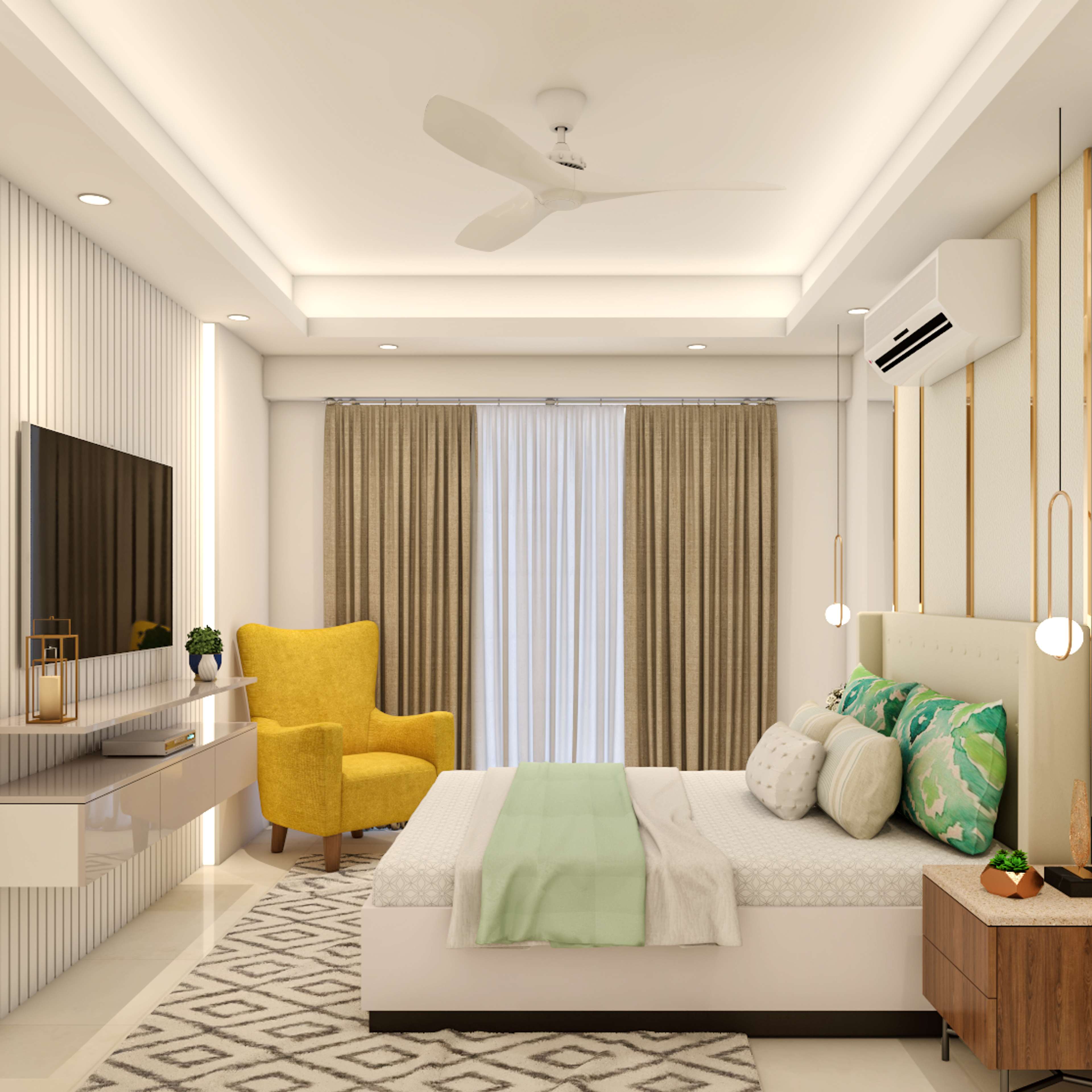 Contemporary Master Bedroom Design With Yellow Accent Chair