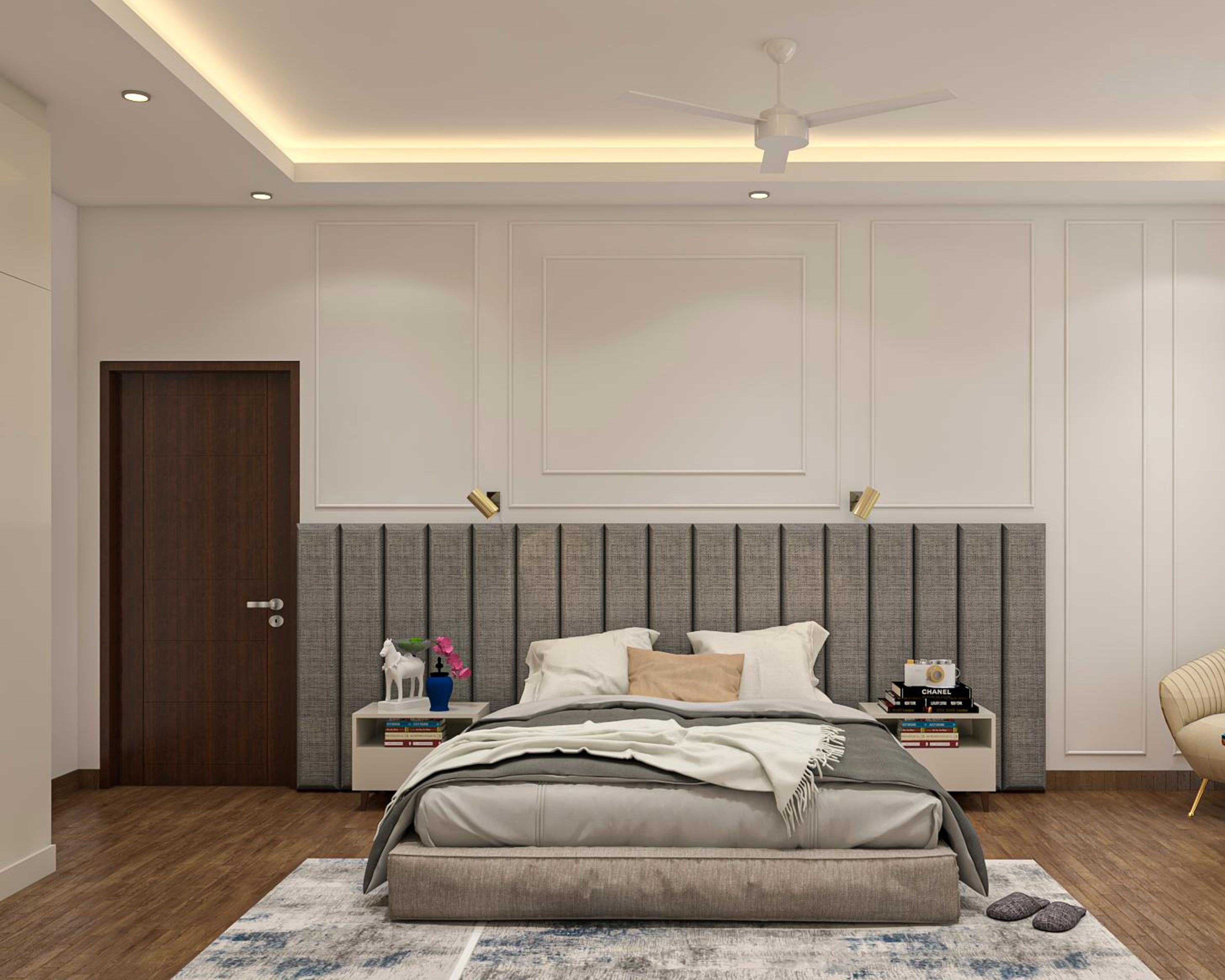 Contemporary Master Bedroom Design With Grey Headboard