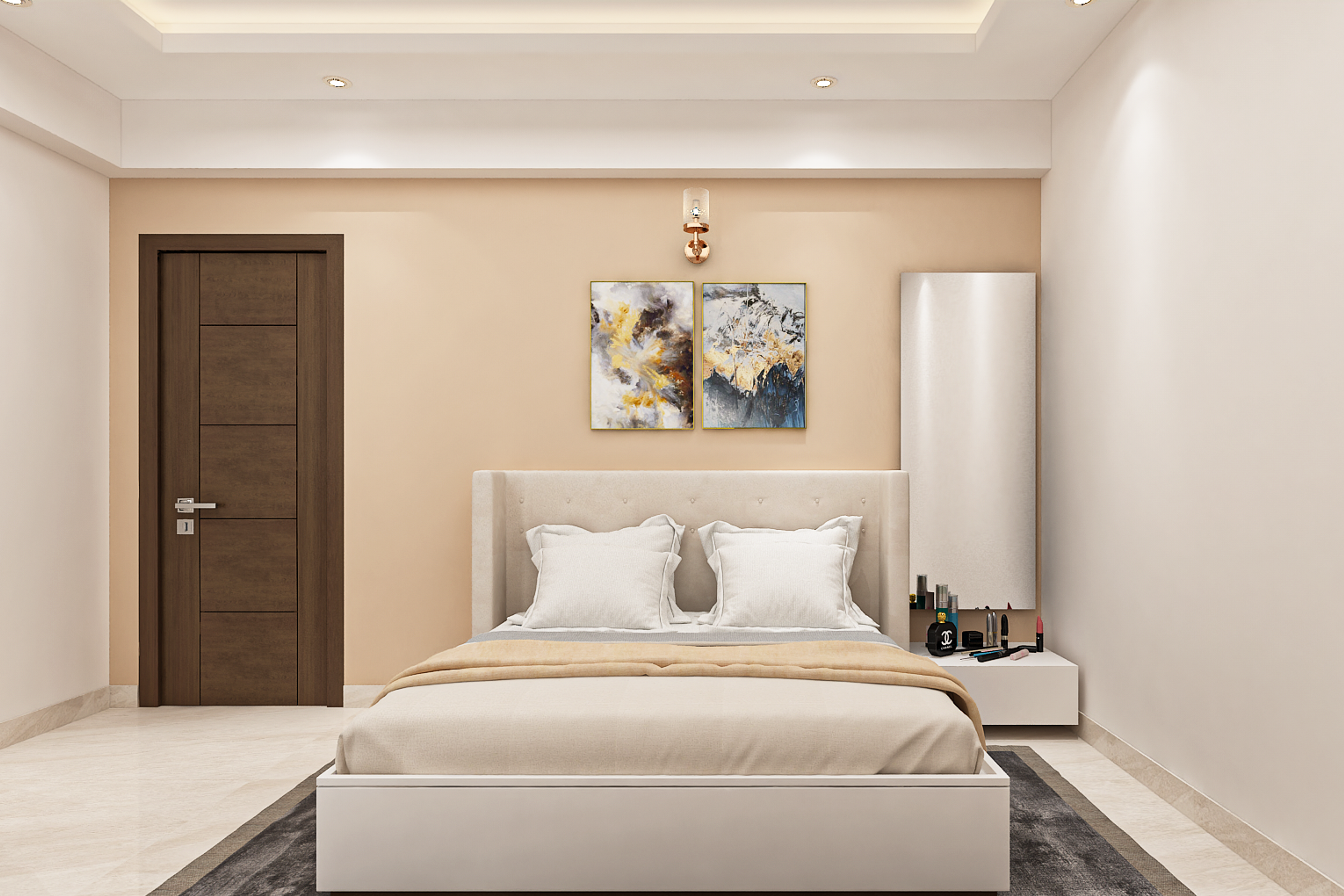 Modern Spacious Master Bedroom Design With Peach Interiors