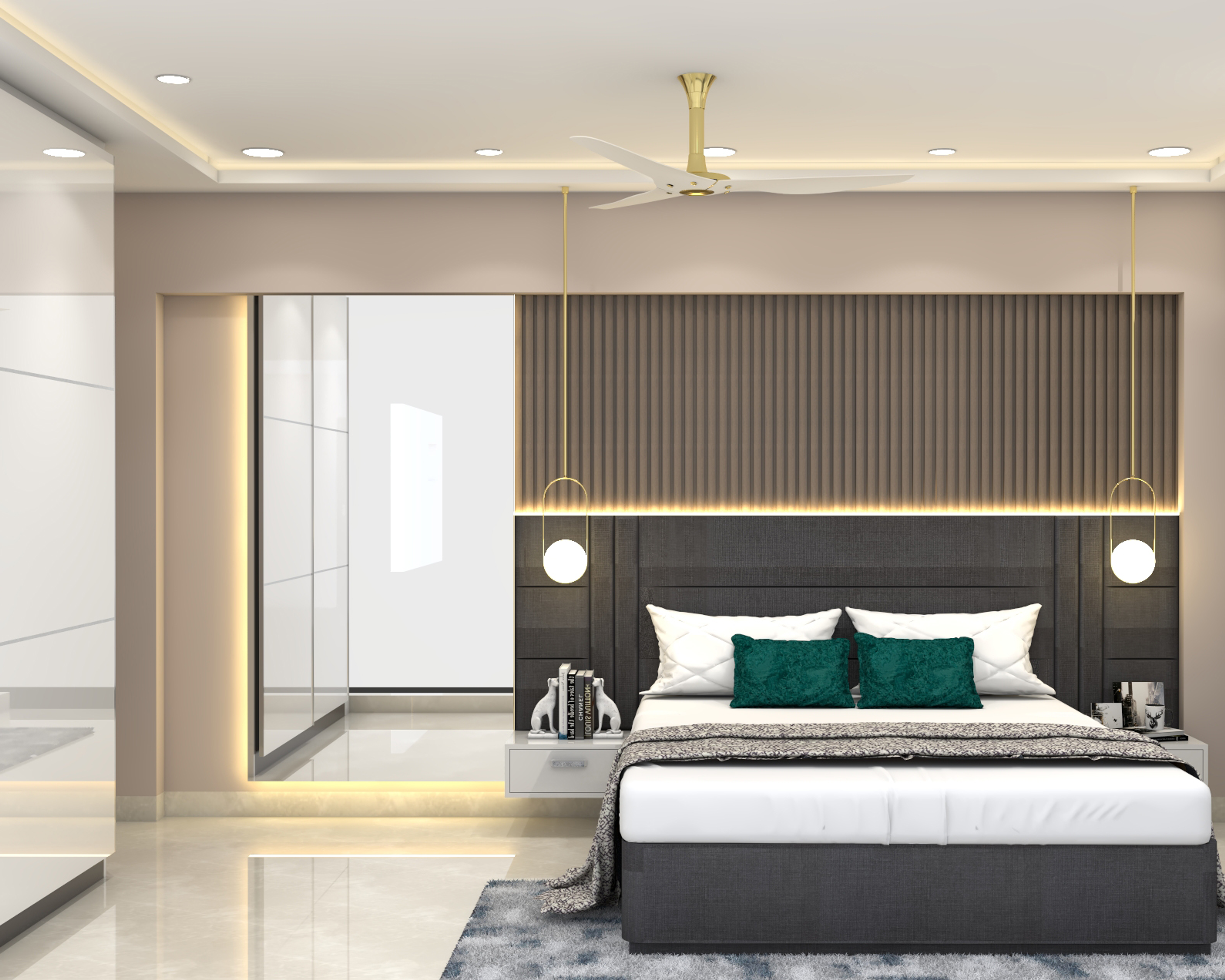 Modern Master Bedroom Design With Grey Fluted Panel