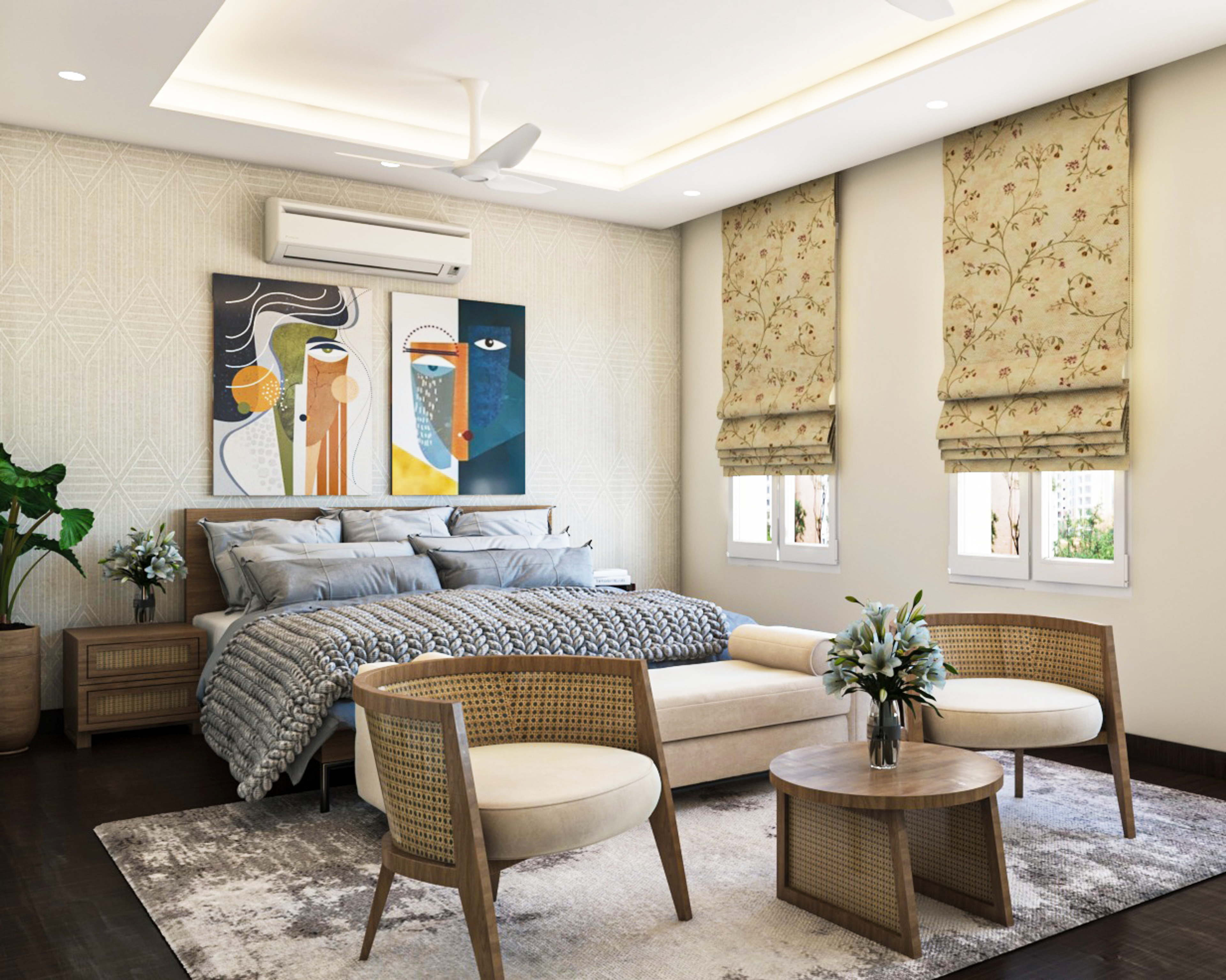 Spacious Master Bedroom Design In Grey And Beige