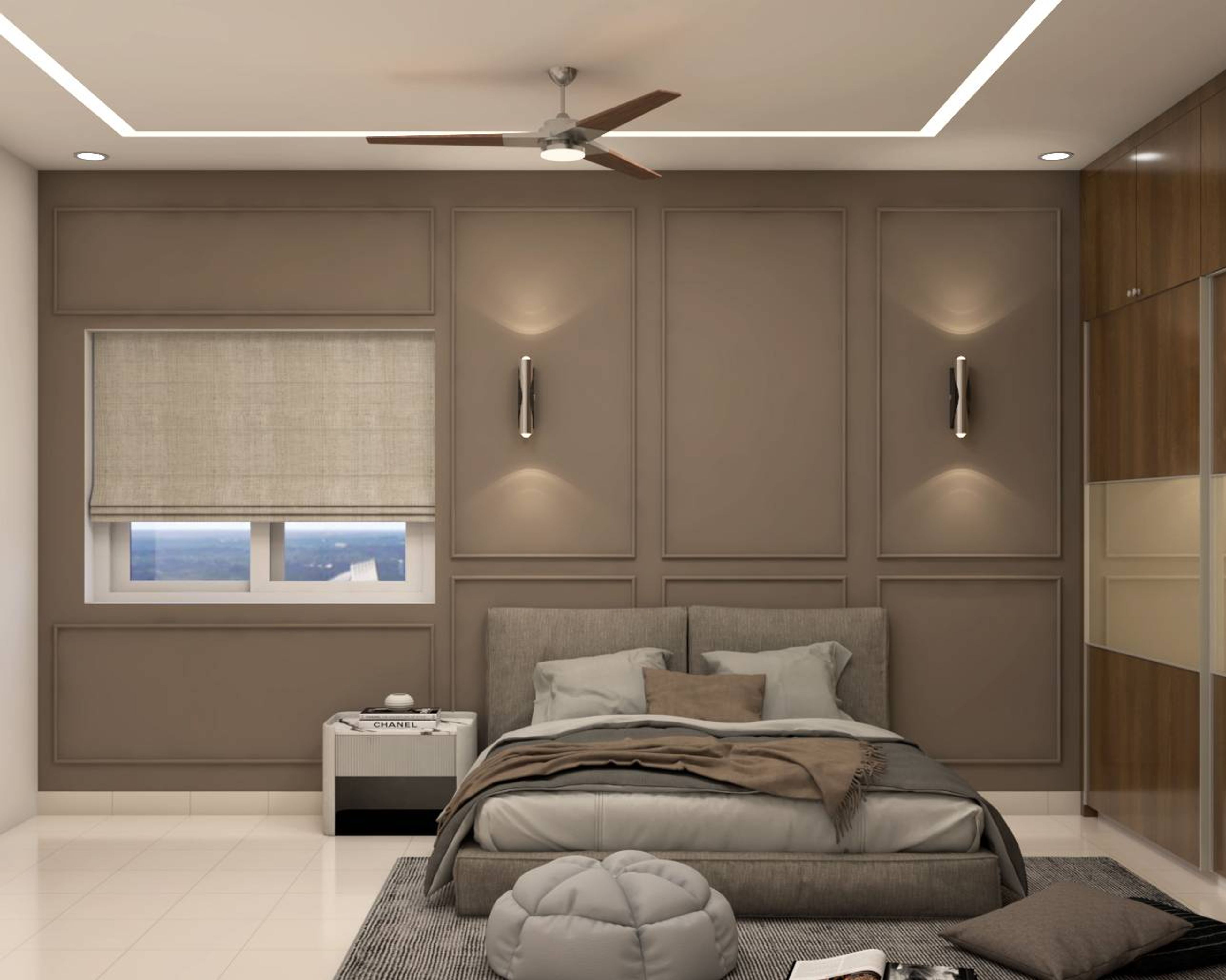 Modern Master Bedroom Design With A Grey Upholstered Bed