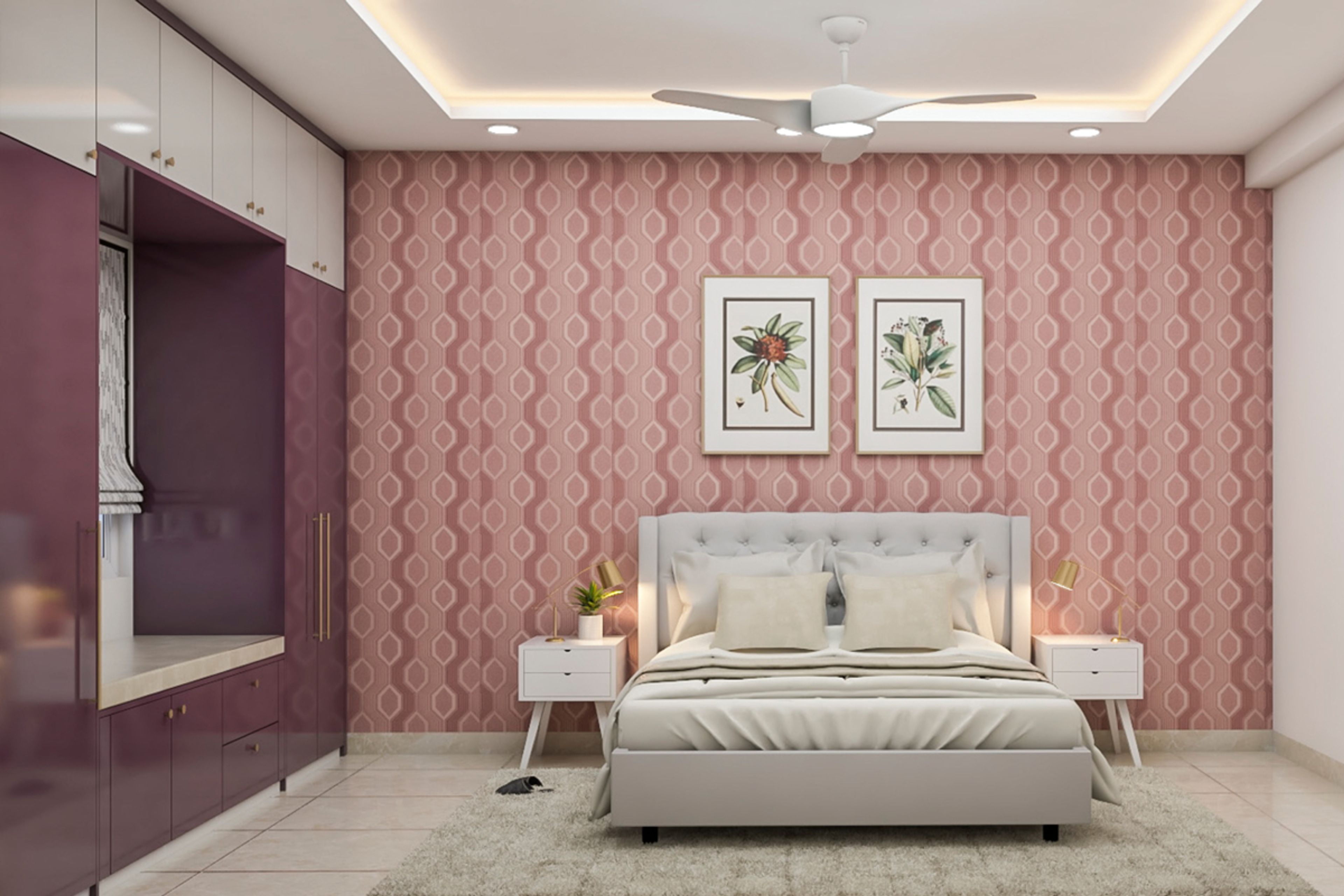 Spacious Master Bedroom Design With A Pink Abstract Wallpaper