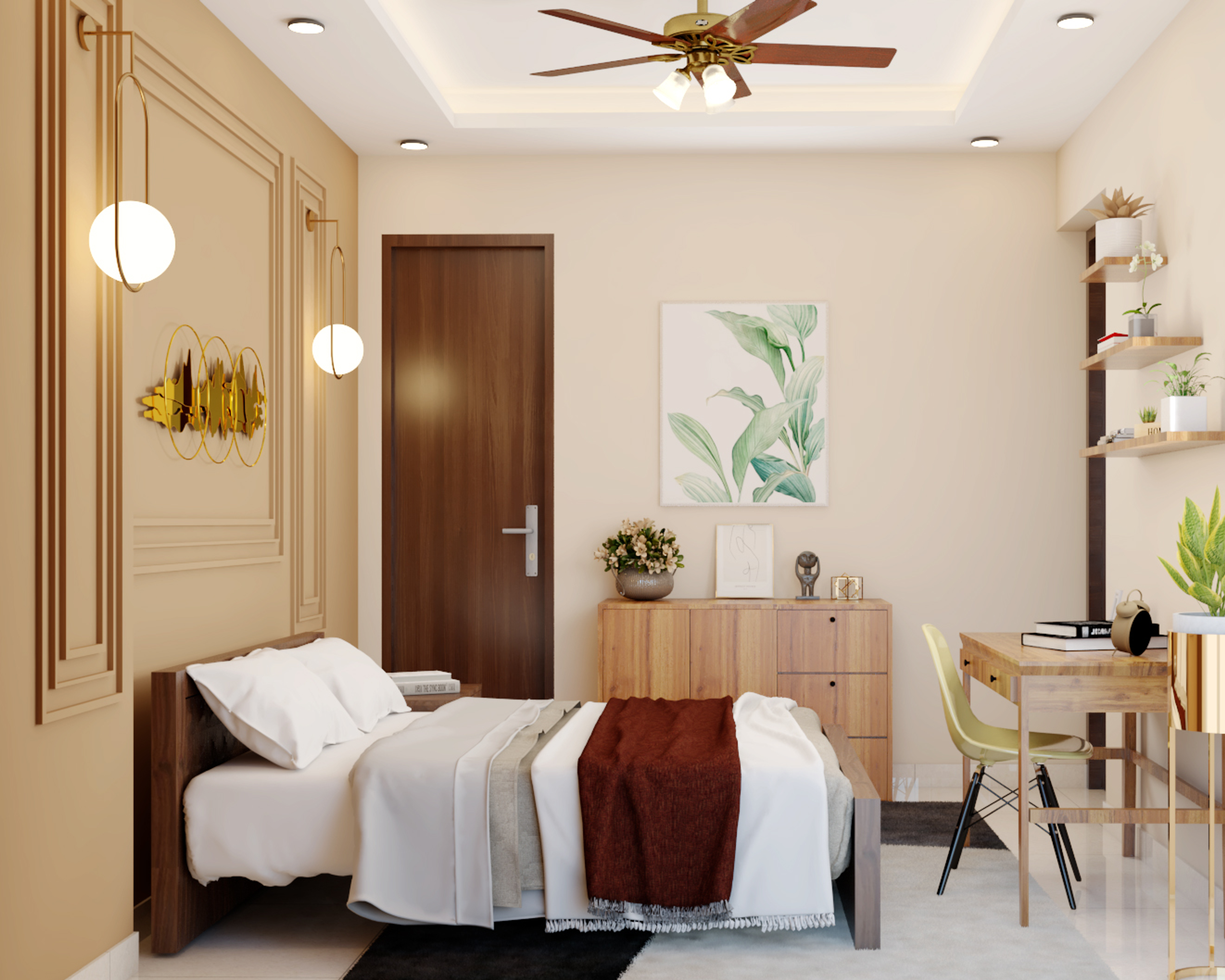 Modern Beige Master Bedroom Design With Study Table