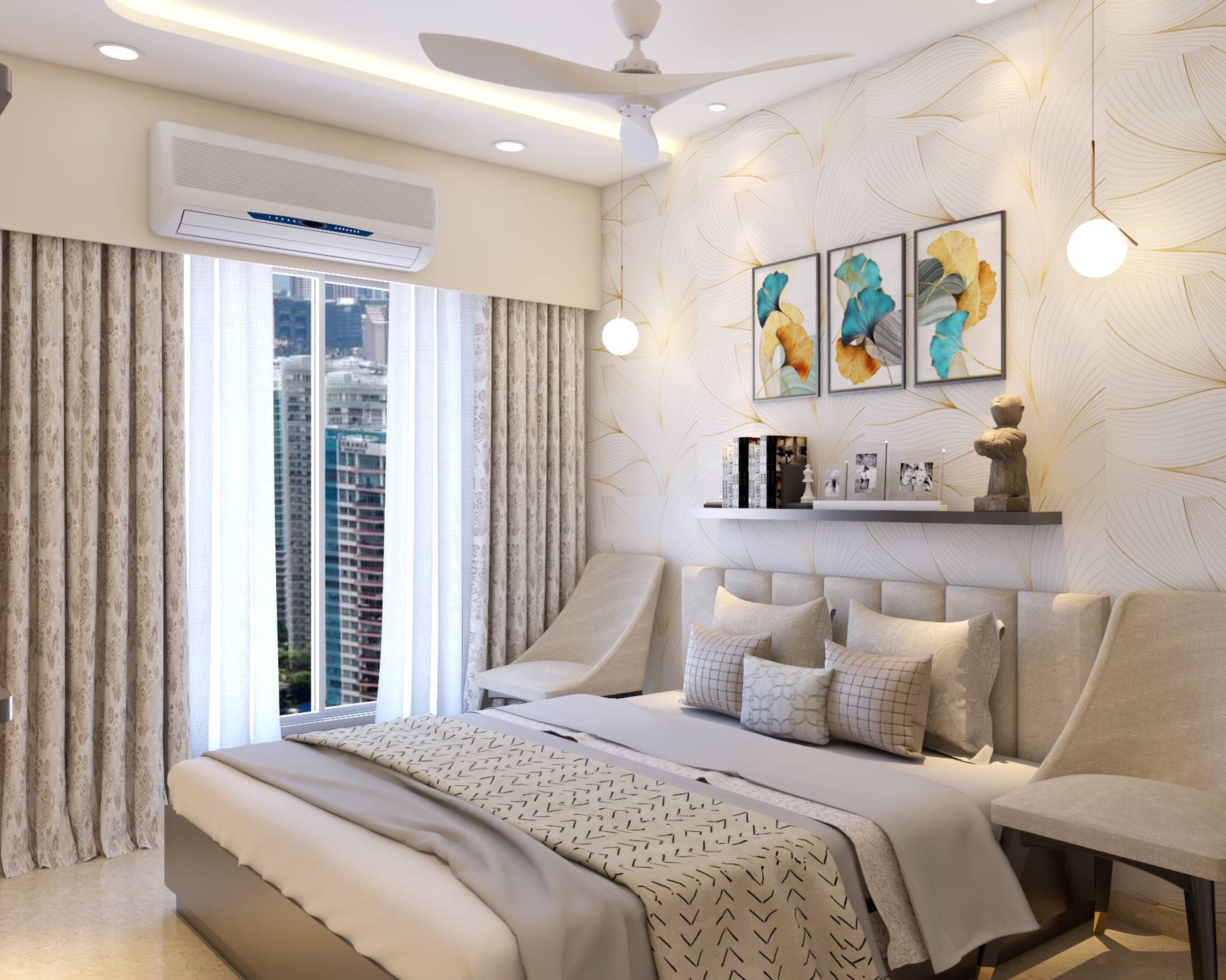 Modern Master Bedroom Design With Floral Wallpaper And Cosy Bed