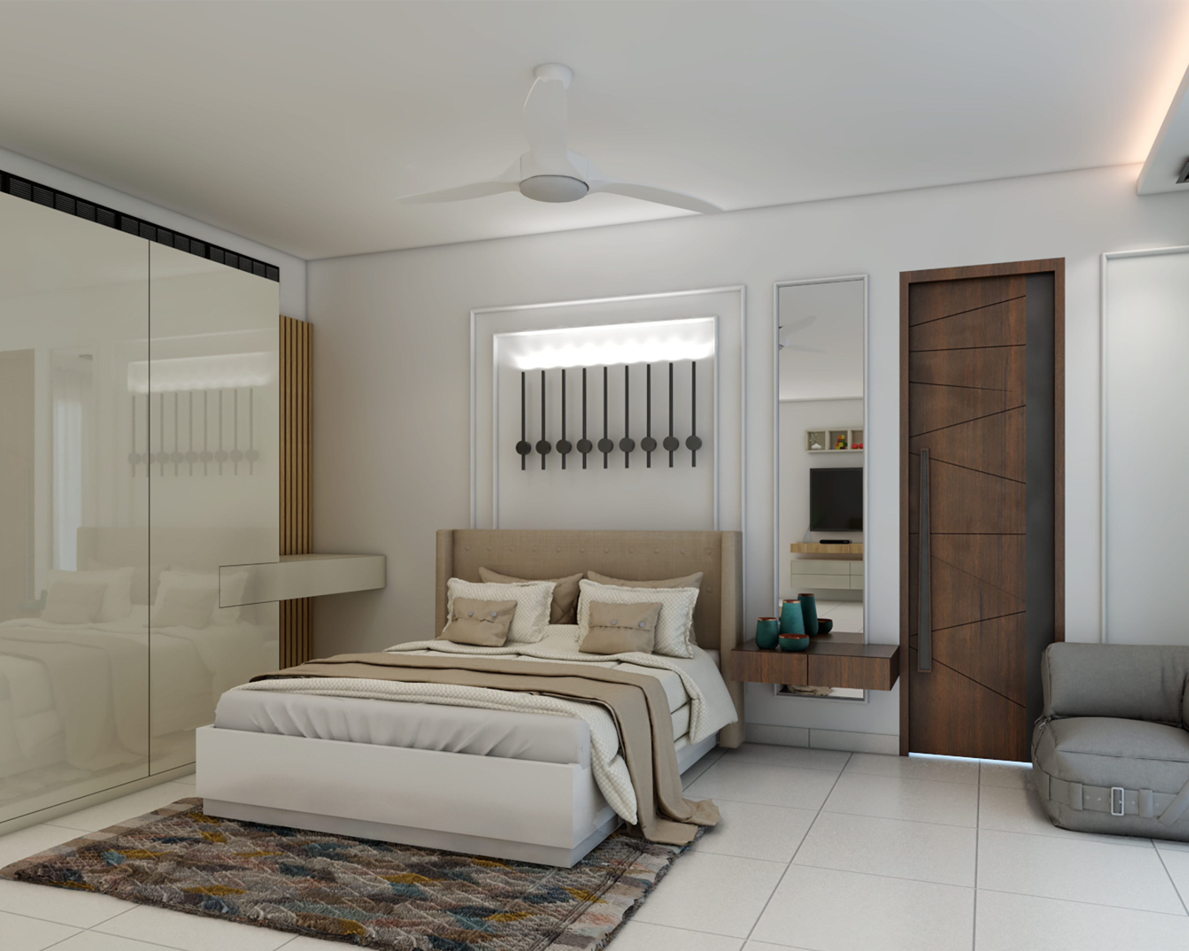 Modern Master Bedroom Design With Creamy White Glossy Wardrobe