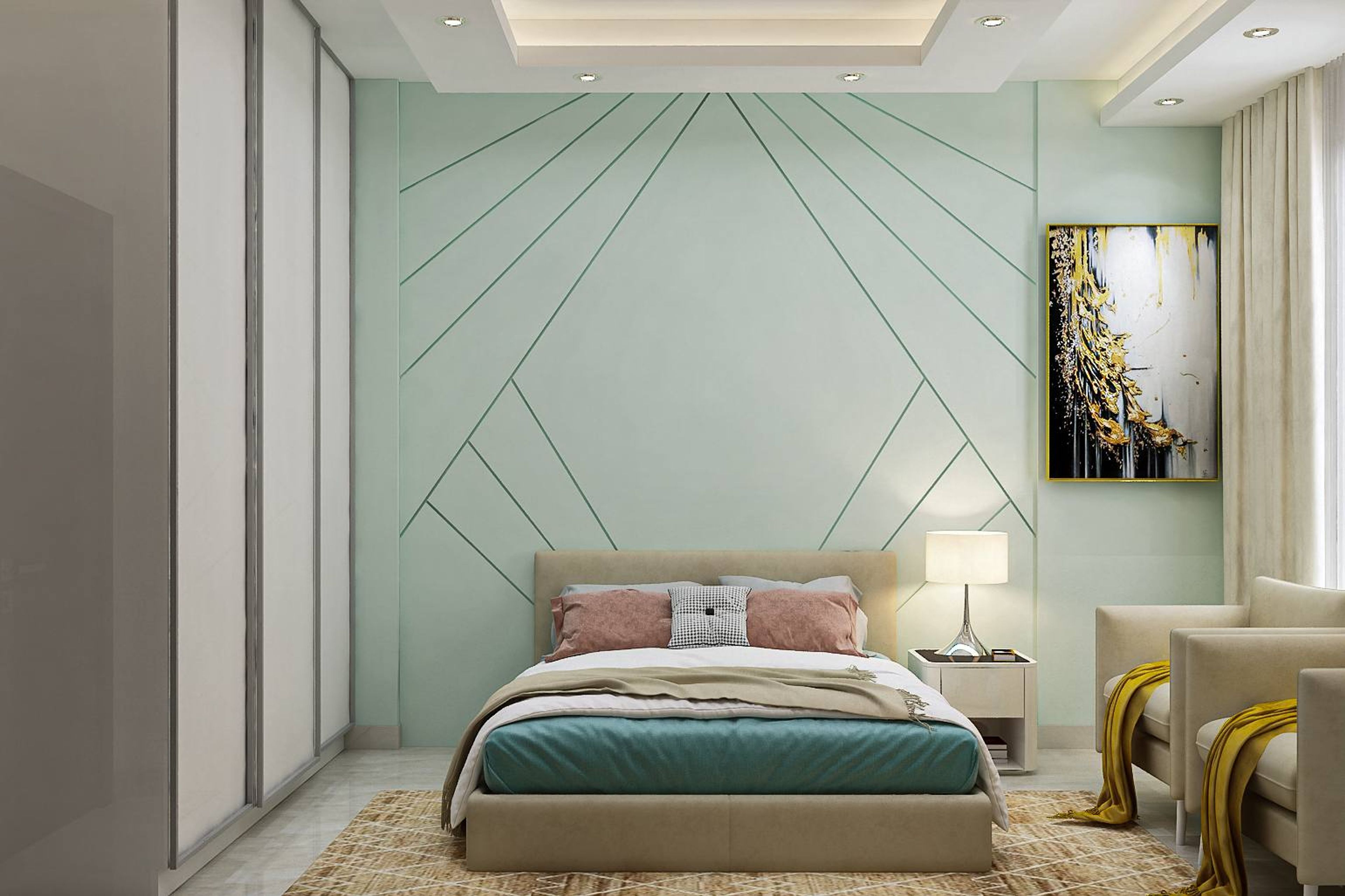 Modern Light Blue Master Bedroom Design With White Wardrobe