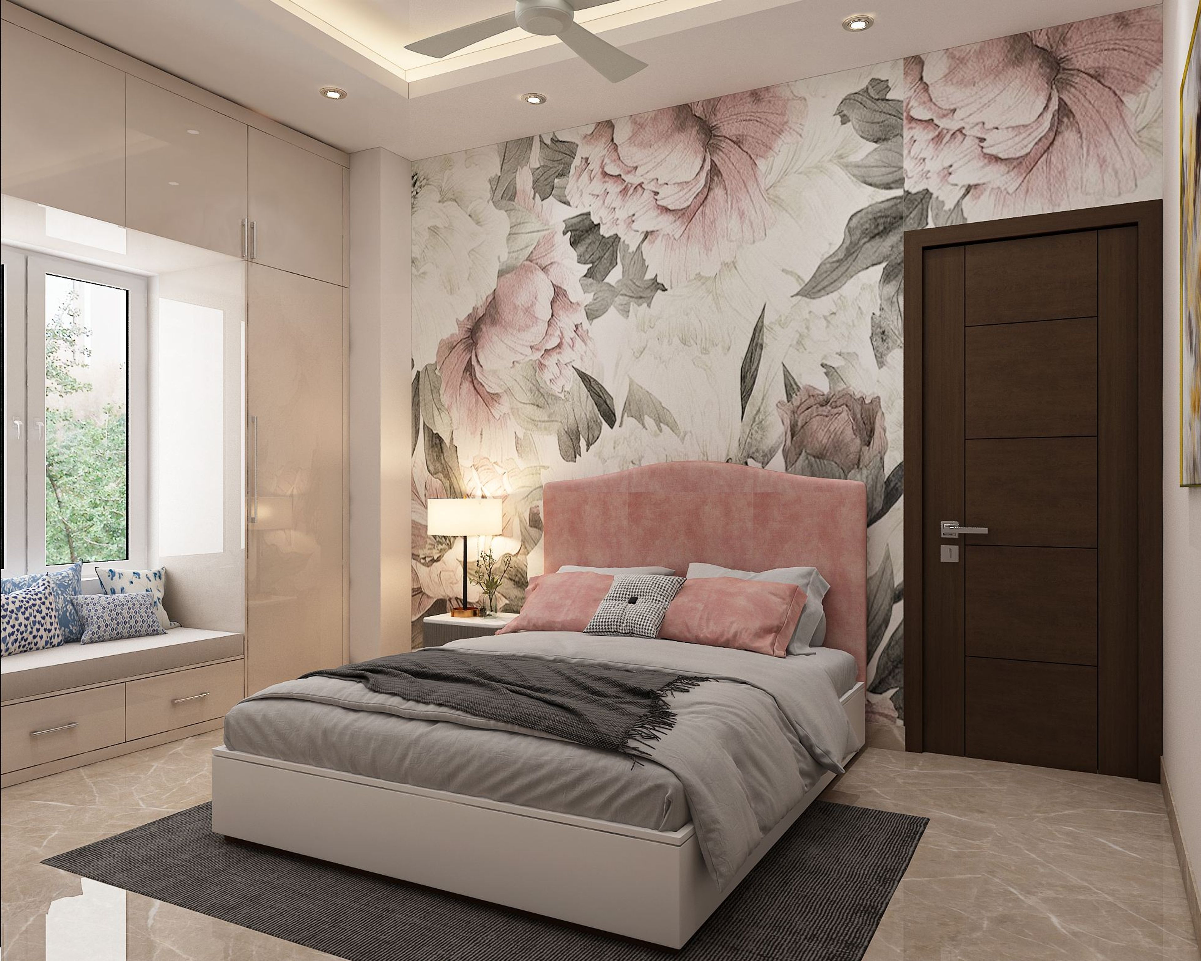 Modern Master Bedroom Design With Floral Wallpaper