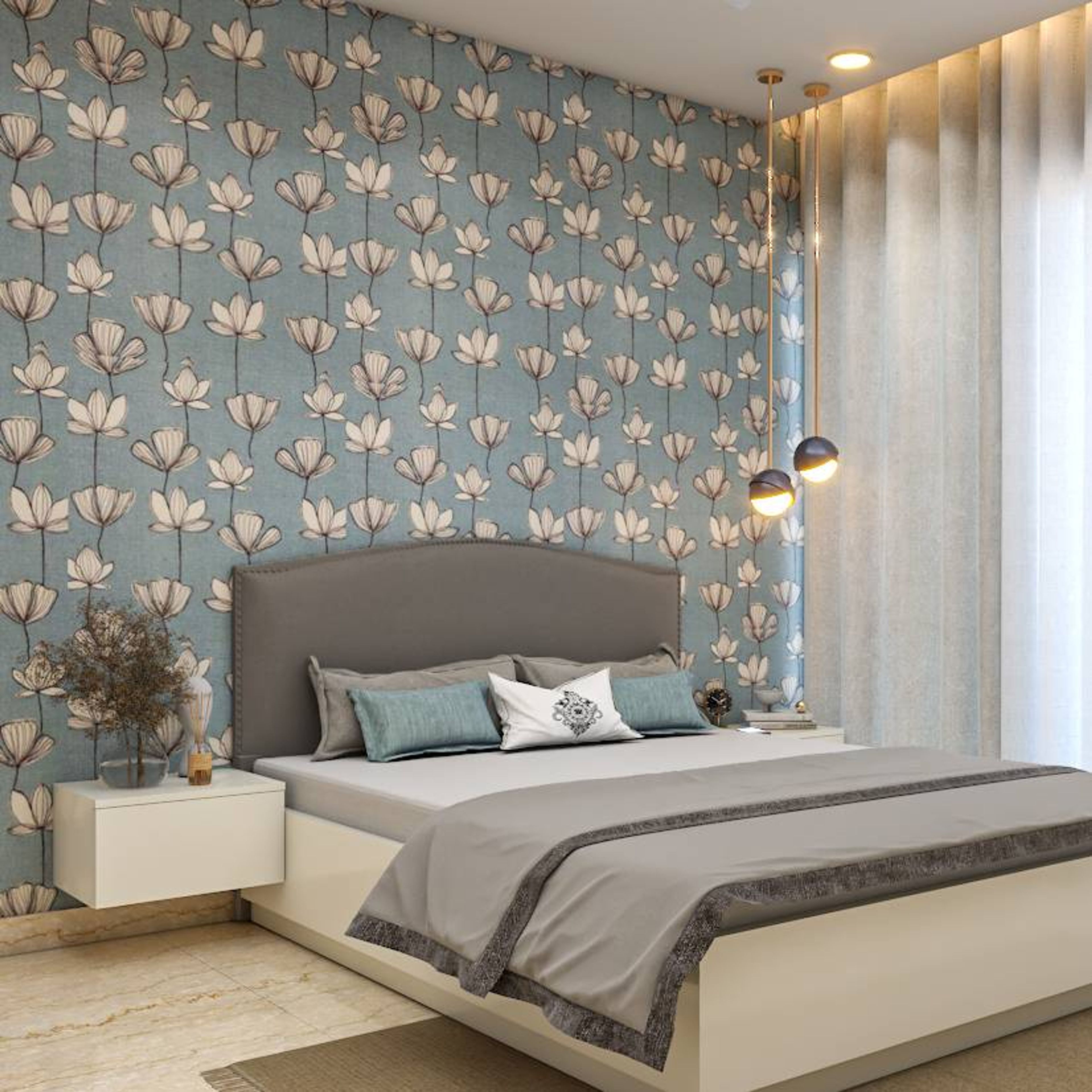 Modern Master Bedroom Design With Blue Floral Wallpaper