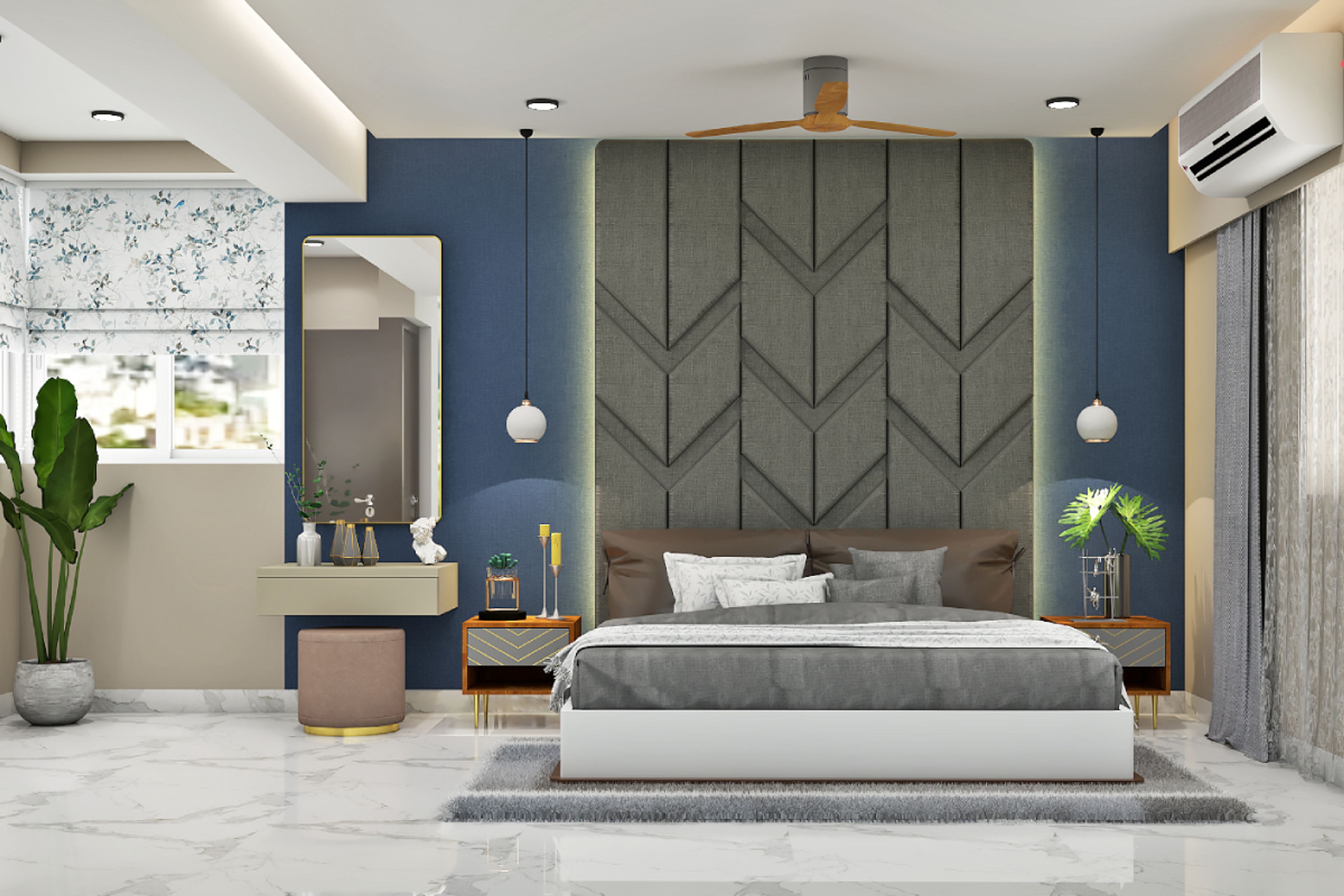 Modern Master Bedroom Design With Grey Tufted Wall Panel