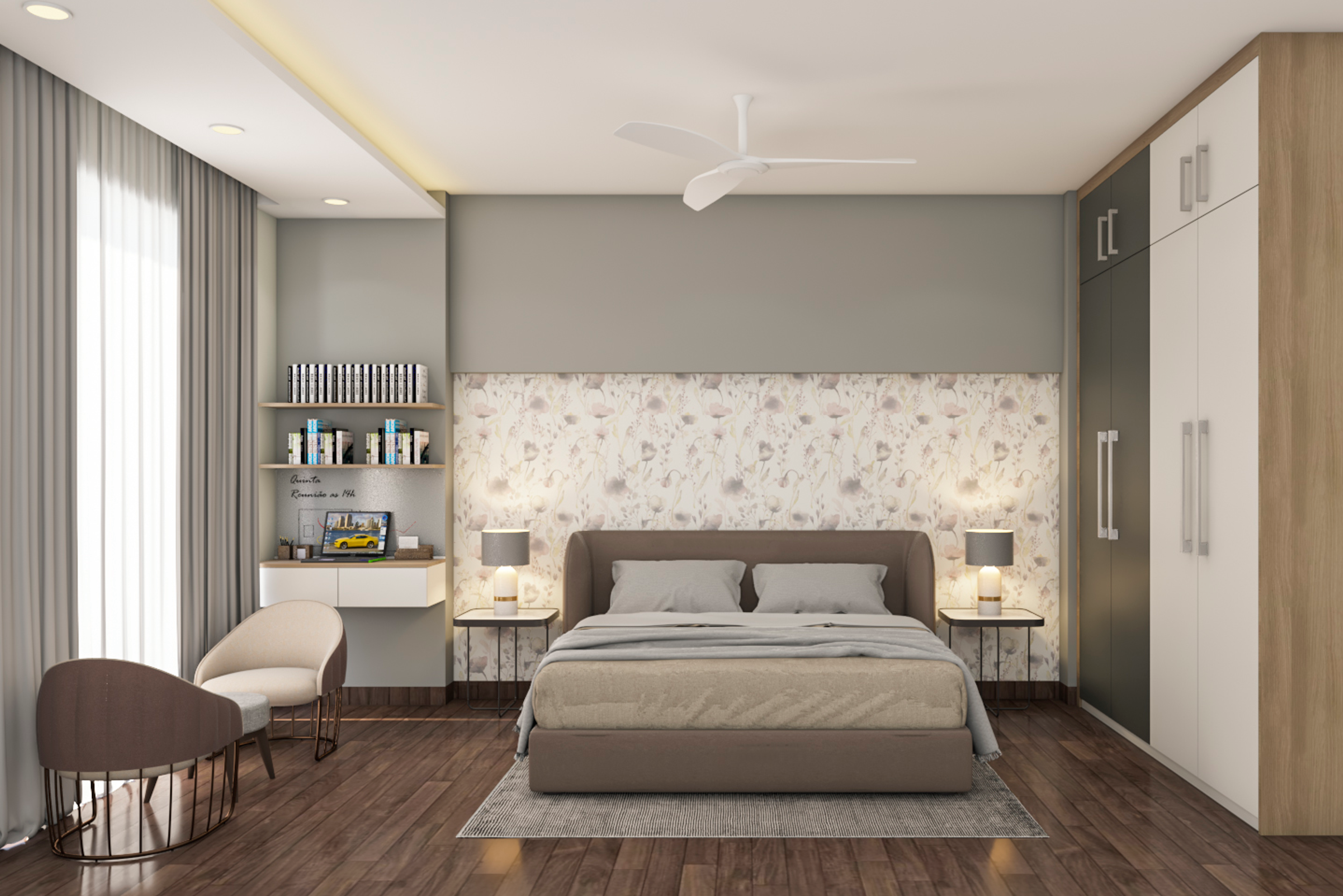Modern Master Bedroom Design With Floral Wallpaper And Wardrobe