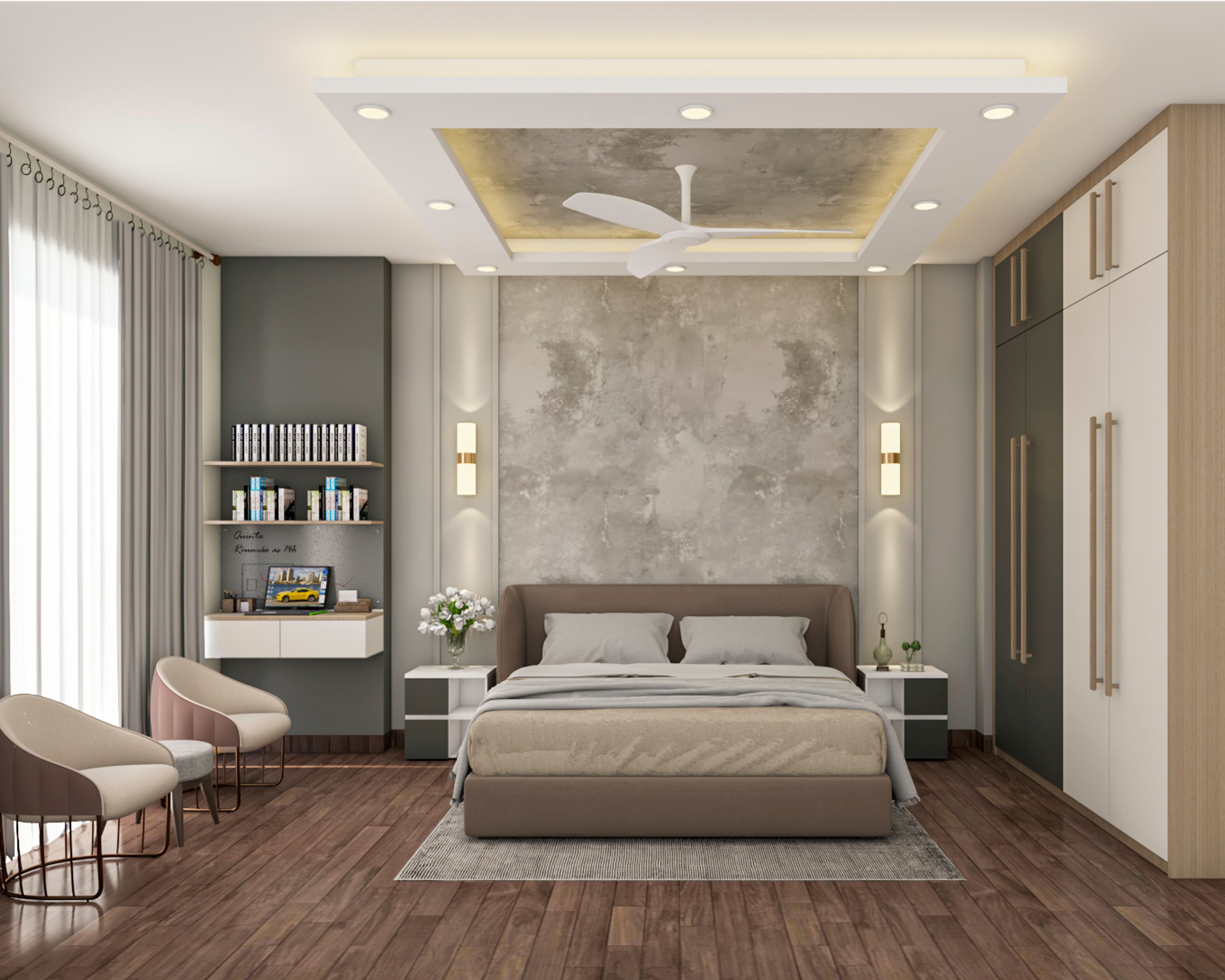 Modern Grey Wall Master Bedroom Design With Cove Lighting