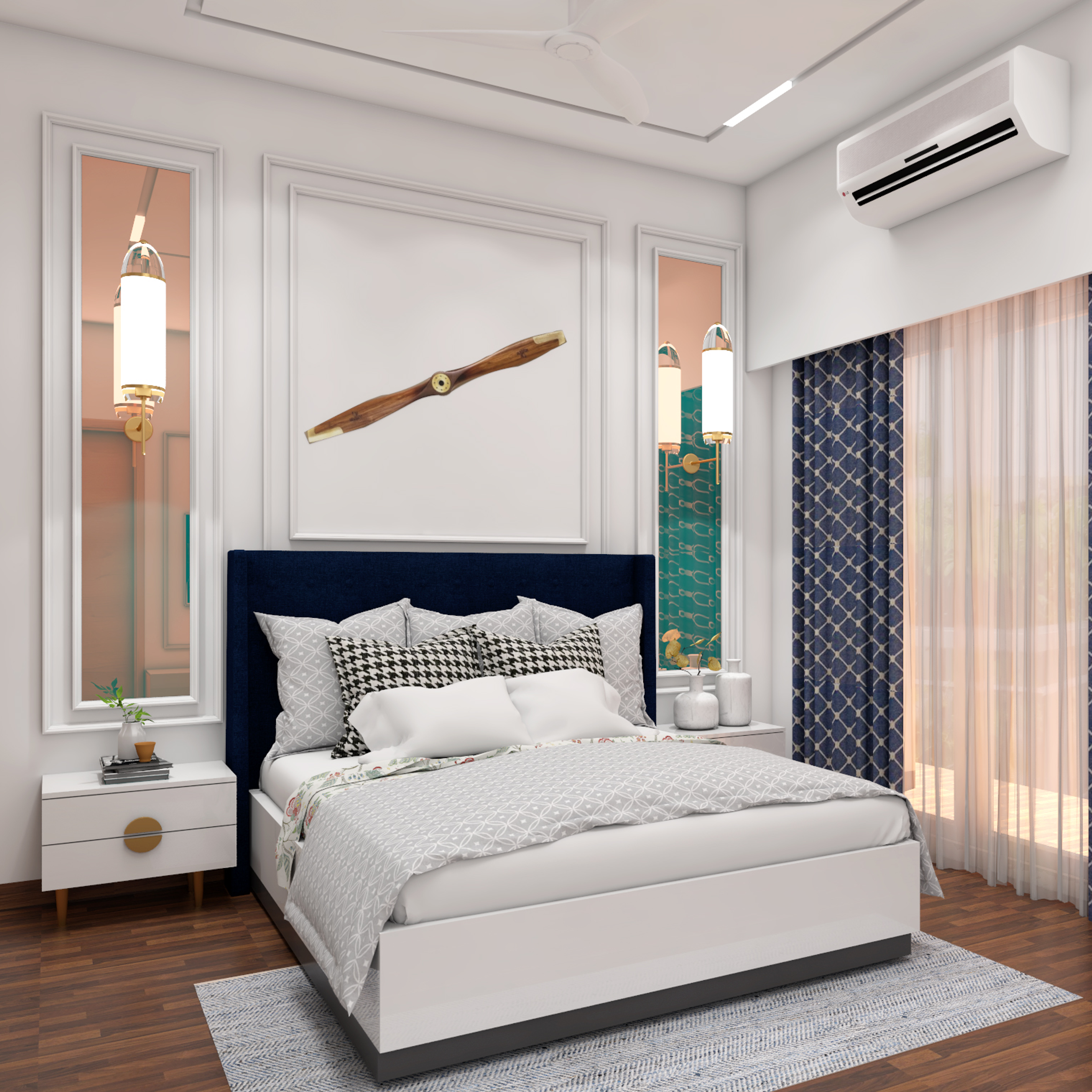 Modern Bedroom Design With Dark Blue Tufted Headboard