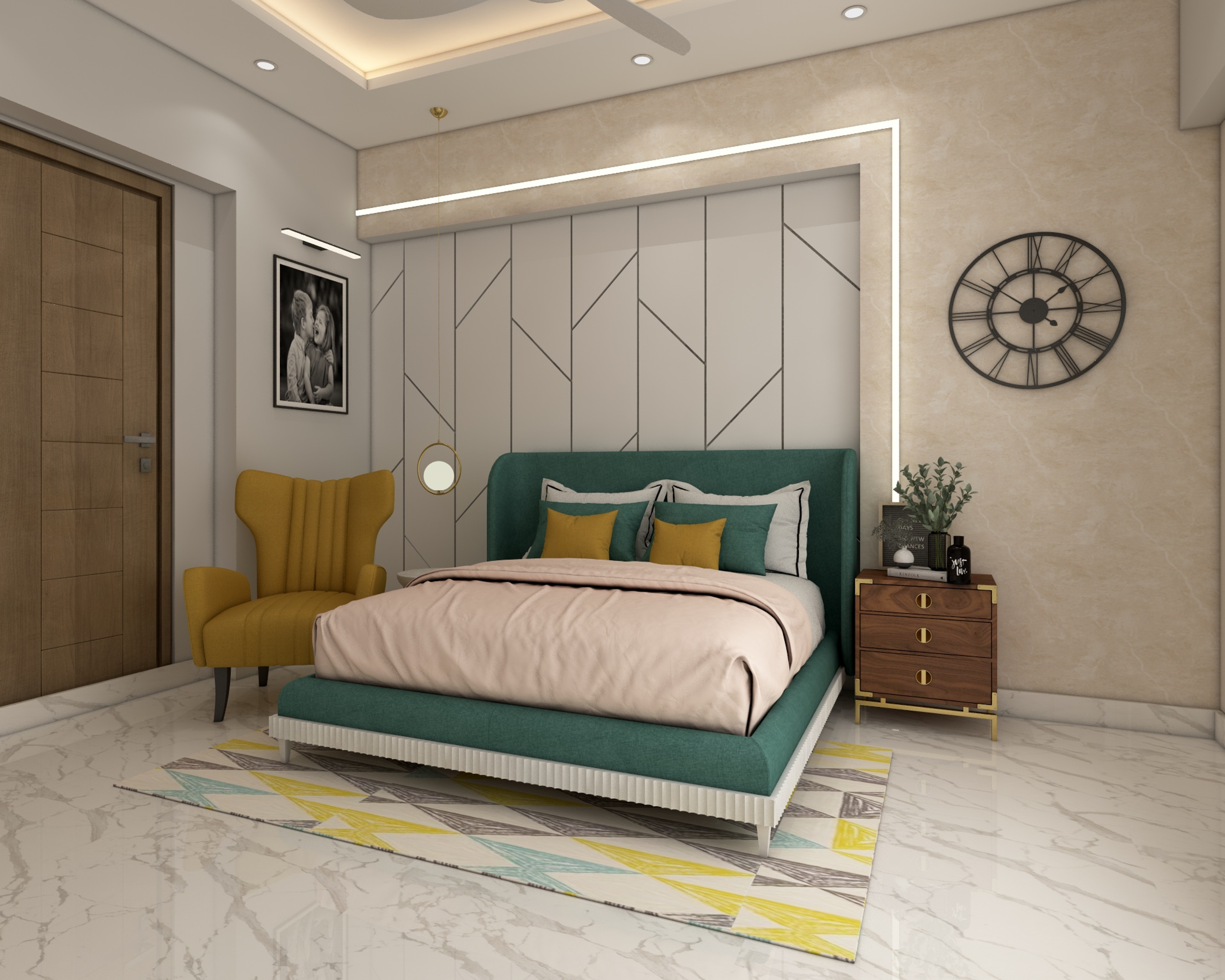 Contemporary Master Bedroom Design With Patterned Accent Wall