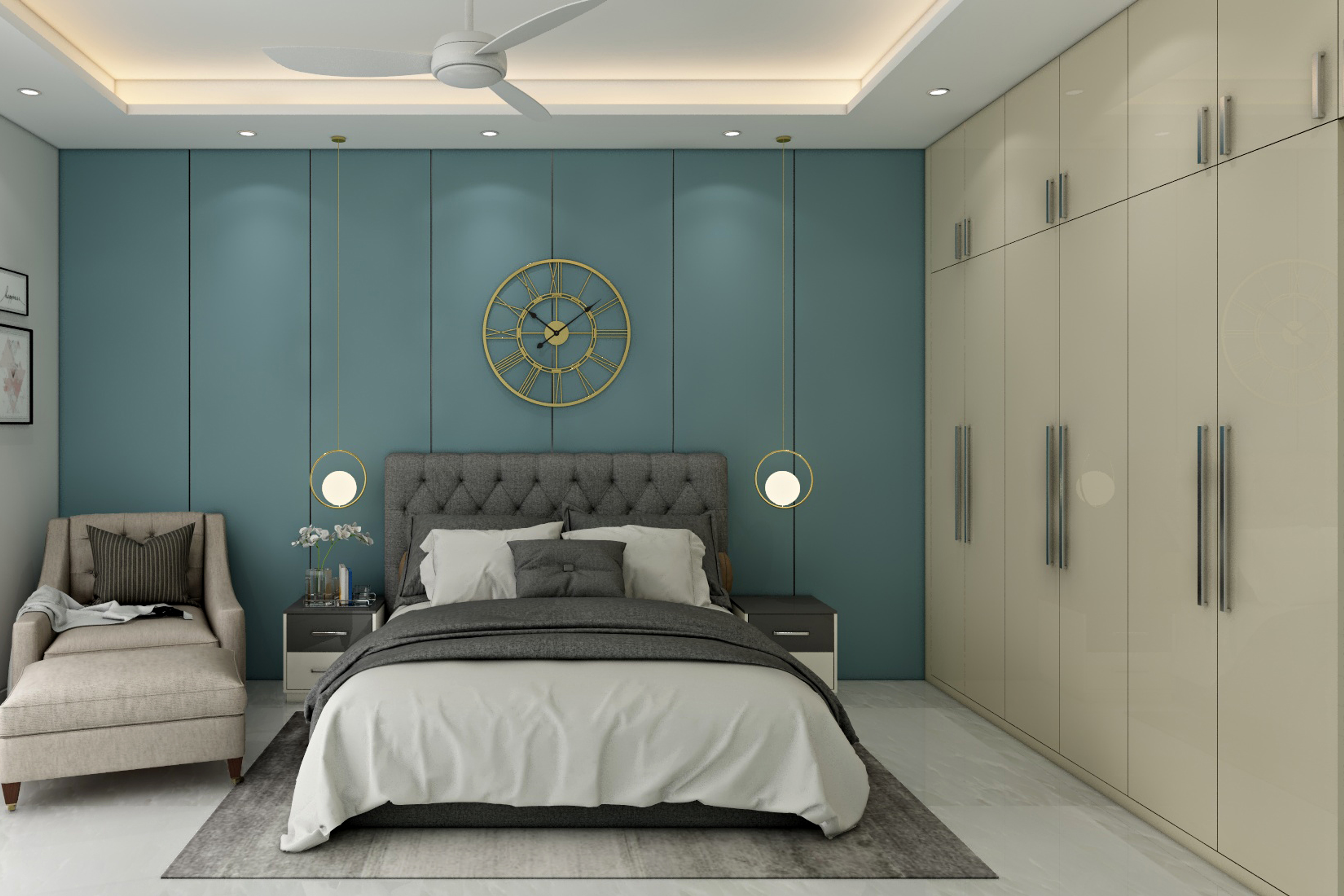 Modern Master Bedroom Design With Blue And White Interiors