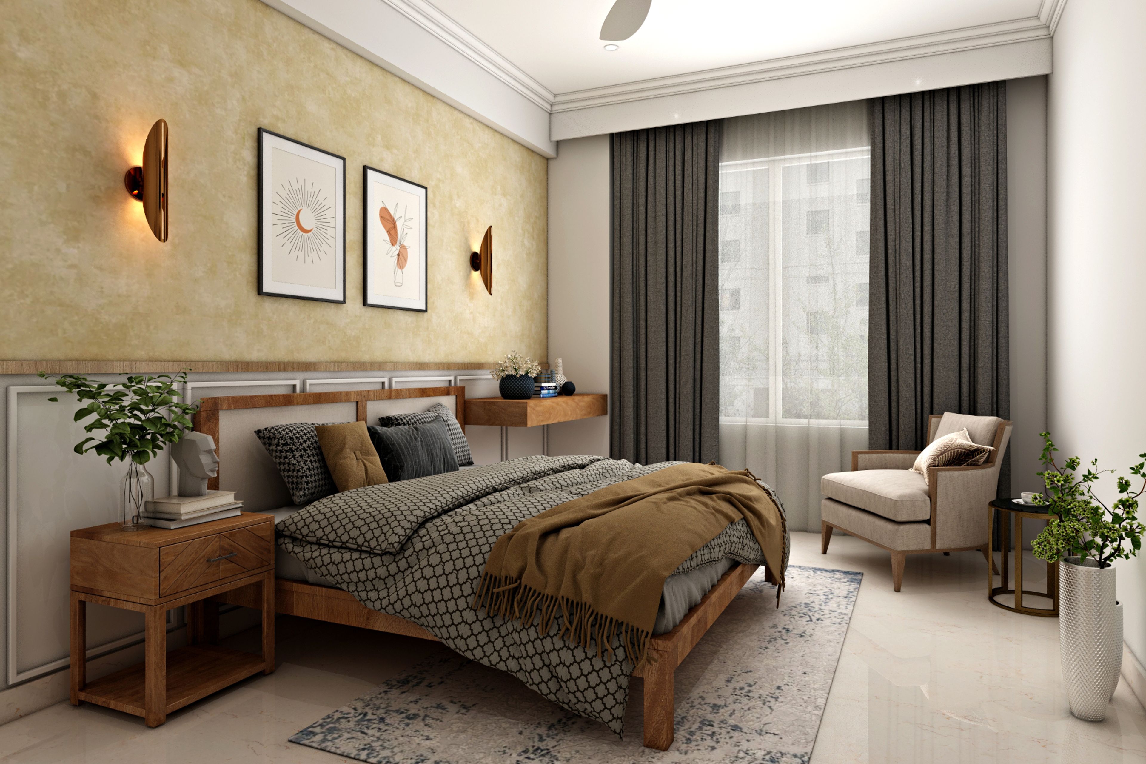 Classic Master Bedroom Design With Beige Textured Wallpaper