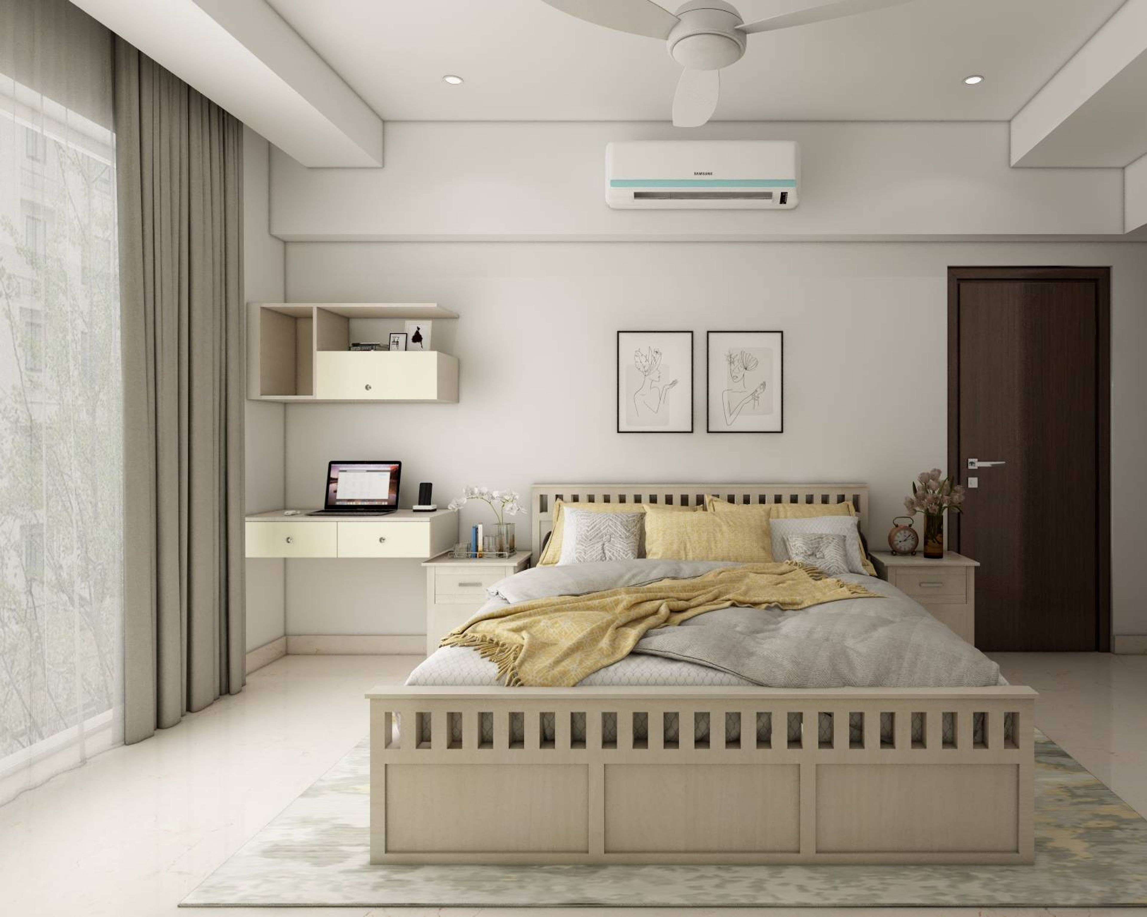 Spacious Neutral-Toned Master Bedroom Design In Beige And Yellow