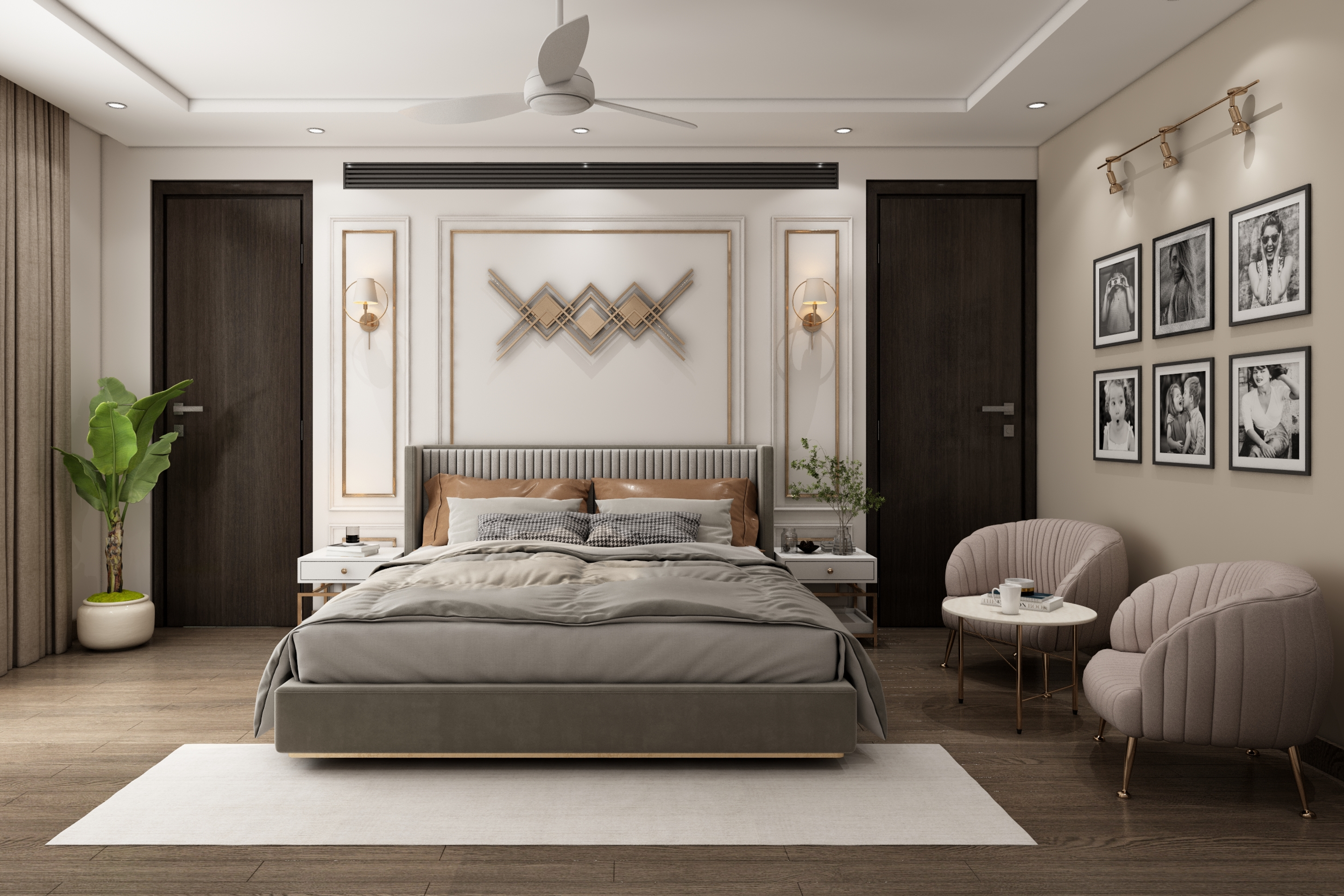 Contemporary Master Bedroom Design With Beige Wall