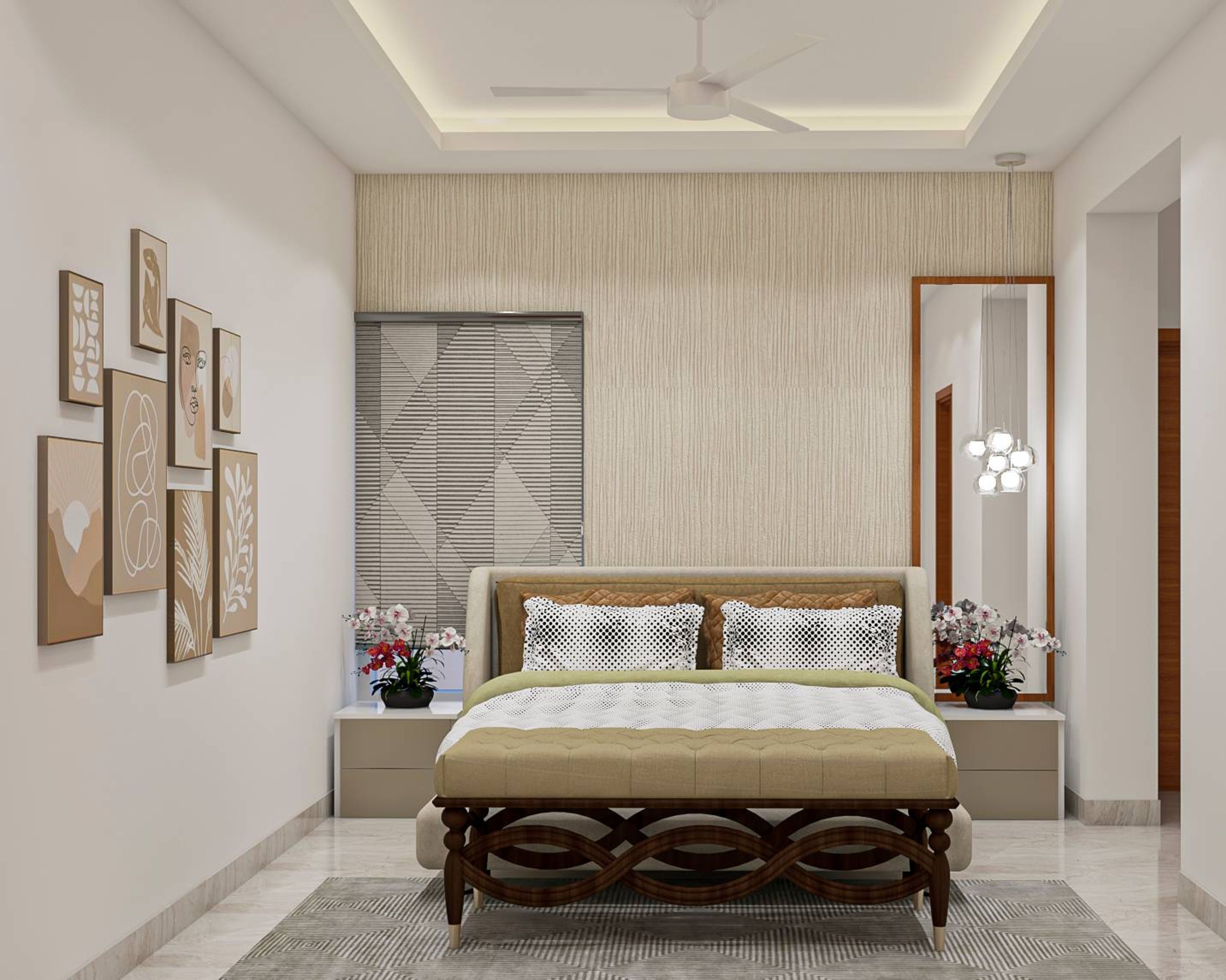 Contemporary Beige Textured Master Bedroom Design With Rectangular Mirror