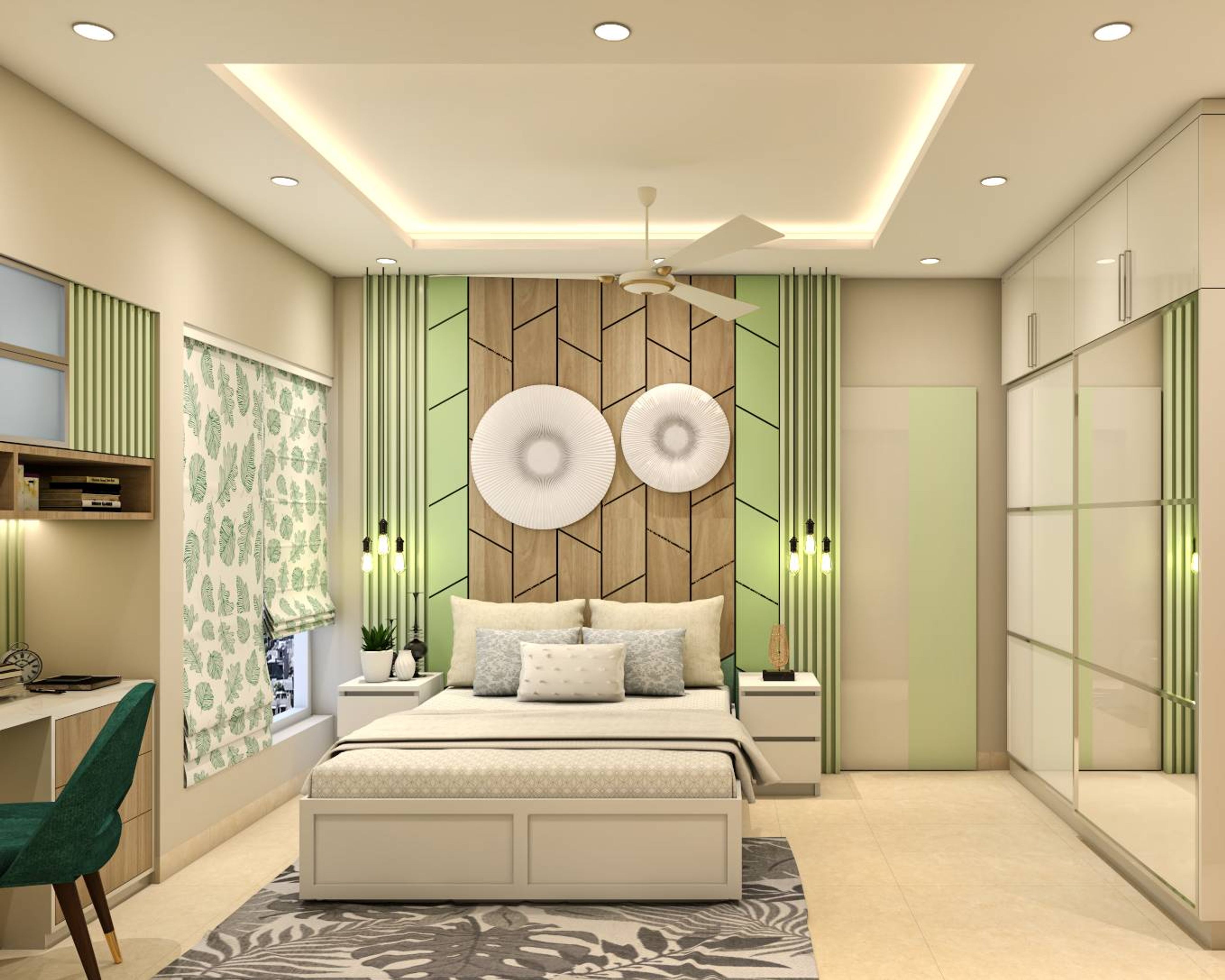 Elegant Master Bedroom Design With Green Panels And Separate Study