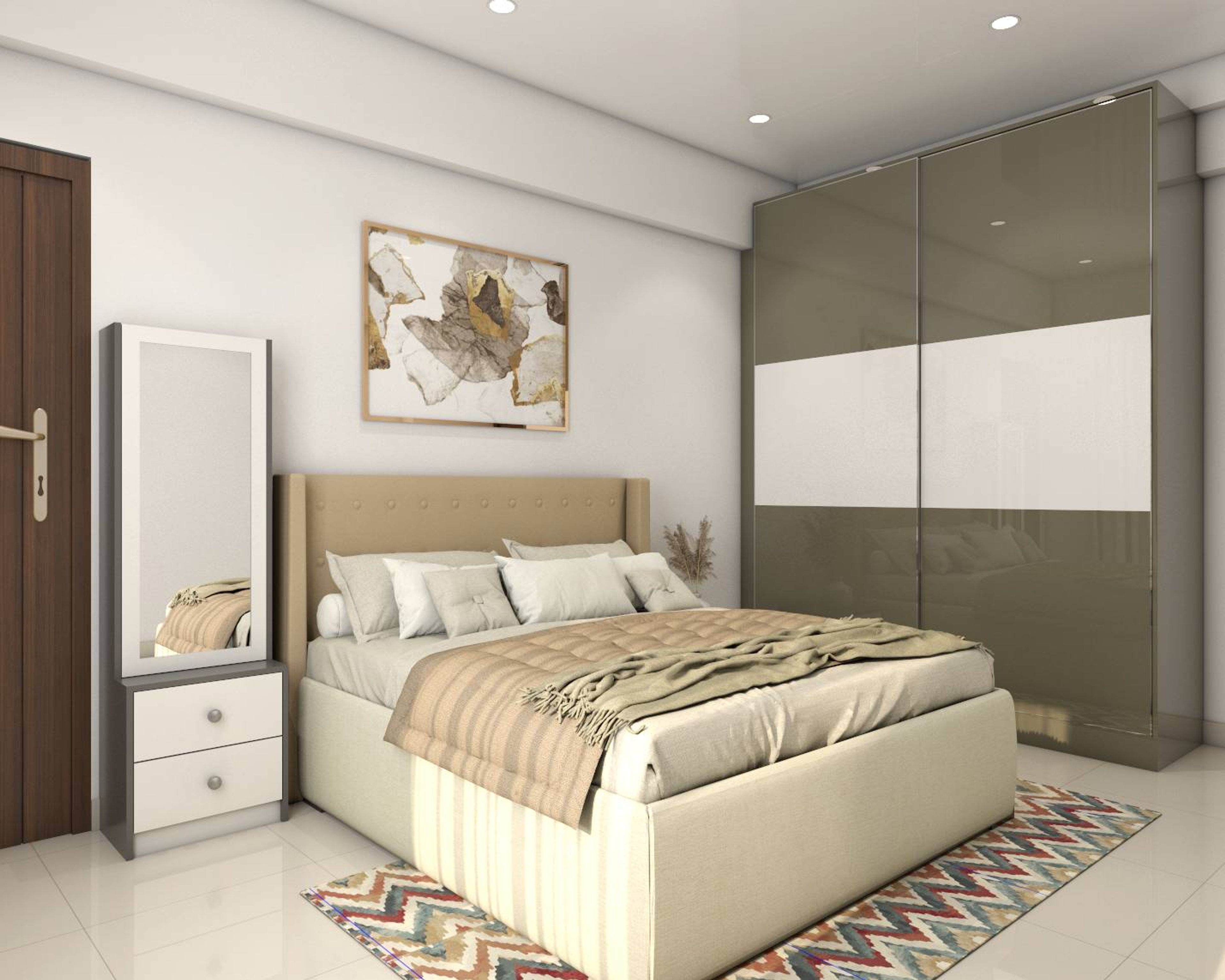 Beige Modern Master Bedroom Design With Sliding Wardrobe