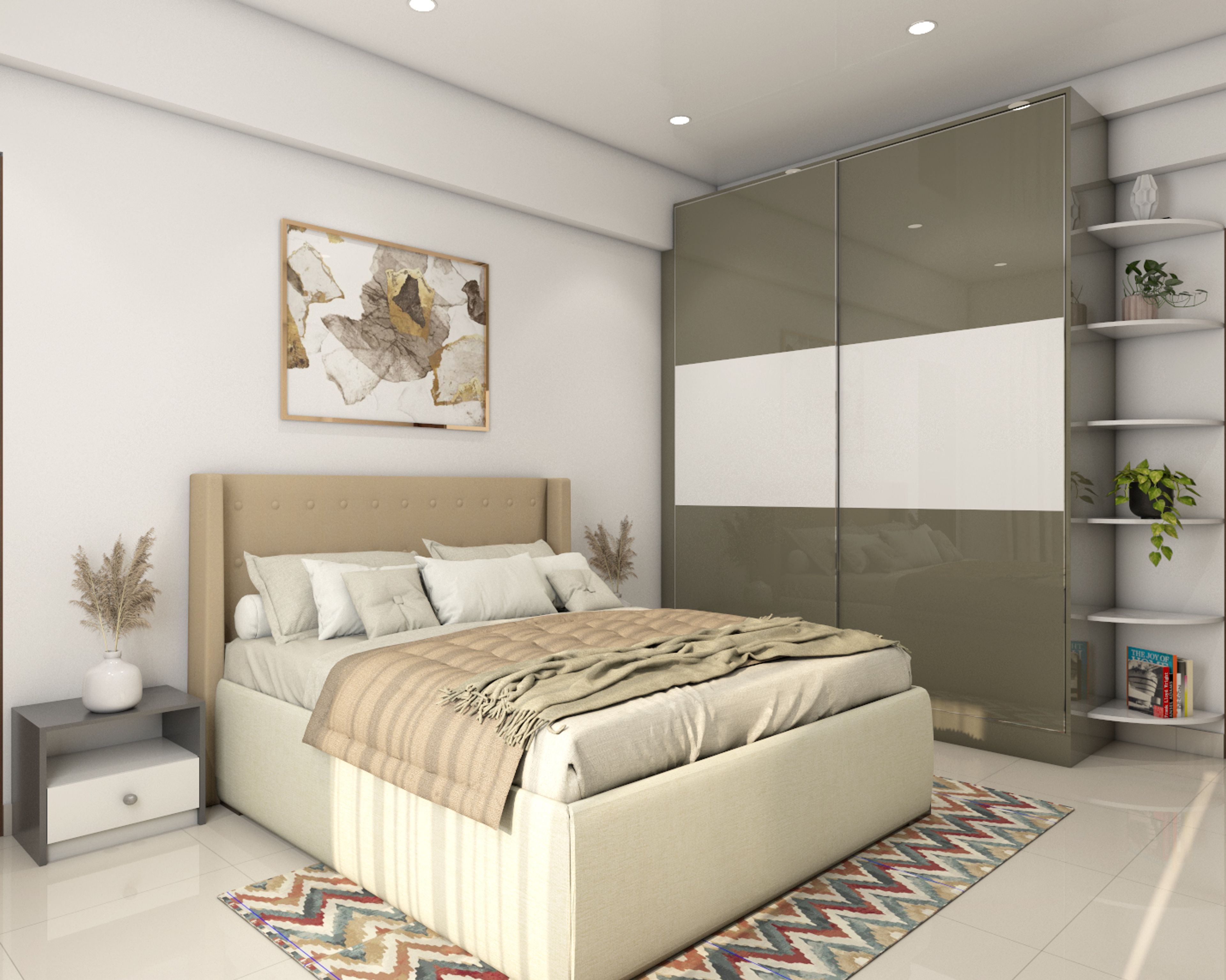 Contemporary Master Bedroom Design With Beige Tufted Bed