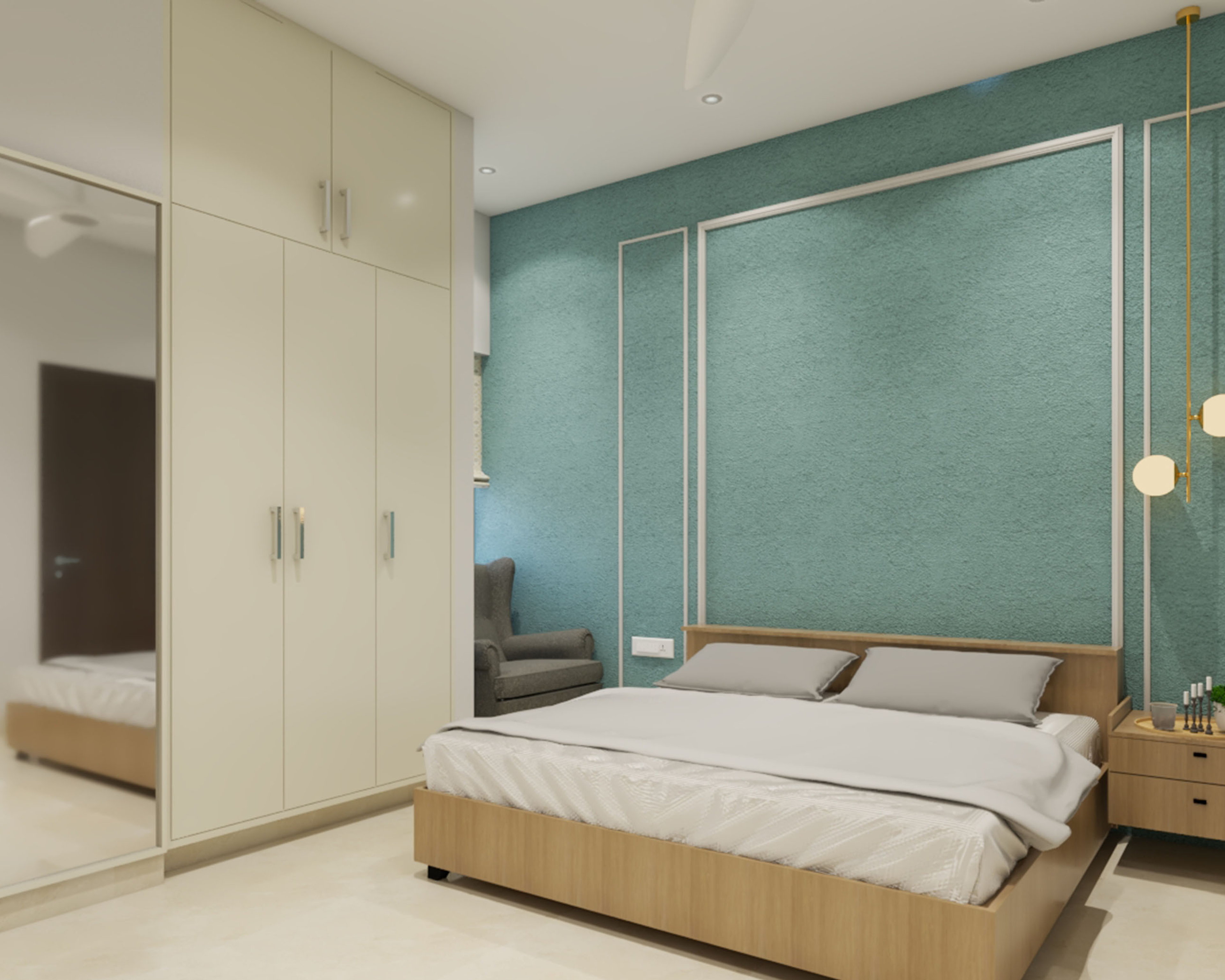 Compact Master Bedroom Design With Light Blue Accent Wall