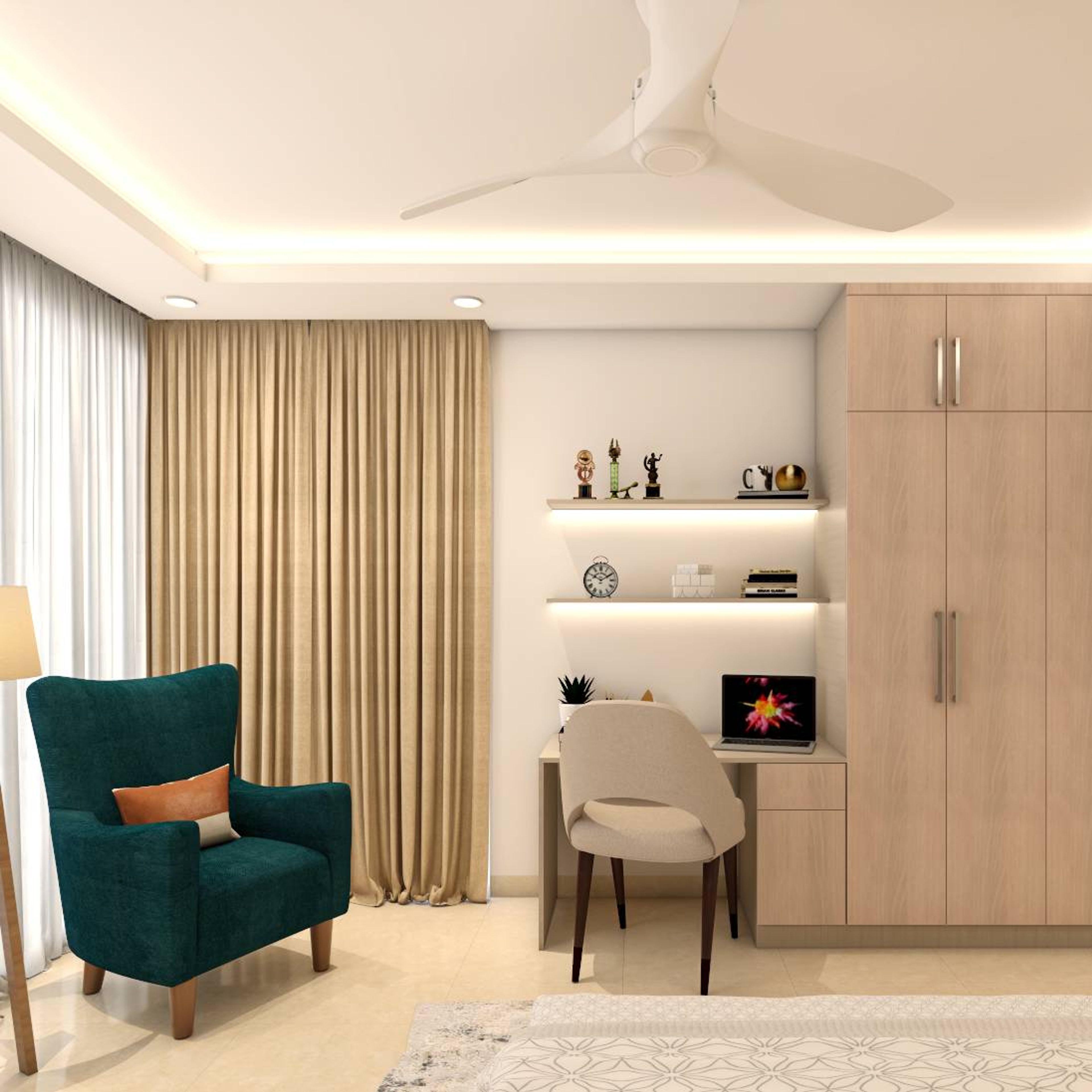 Modern Master Bedroom Design With Green Accent Chair