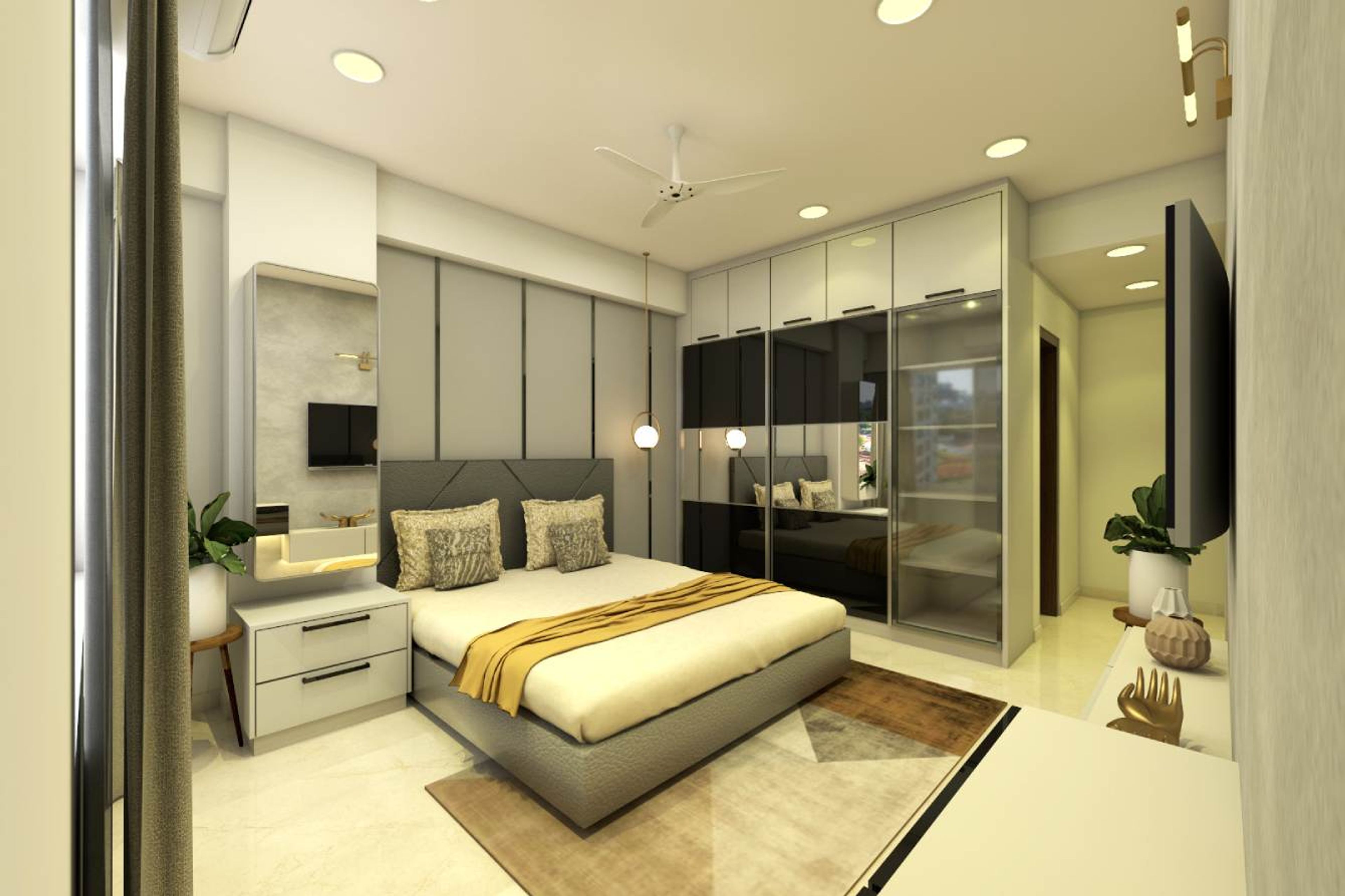 Modern Master Bedroom Design With Black And White Wardrobe