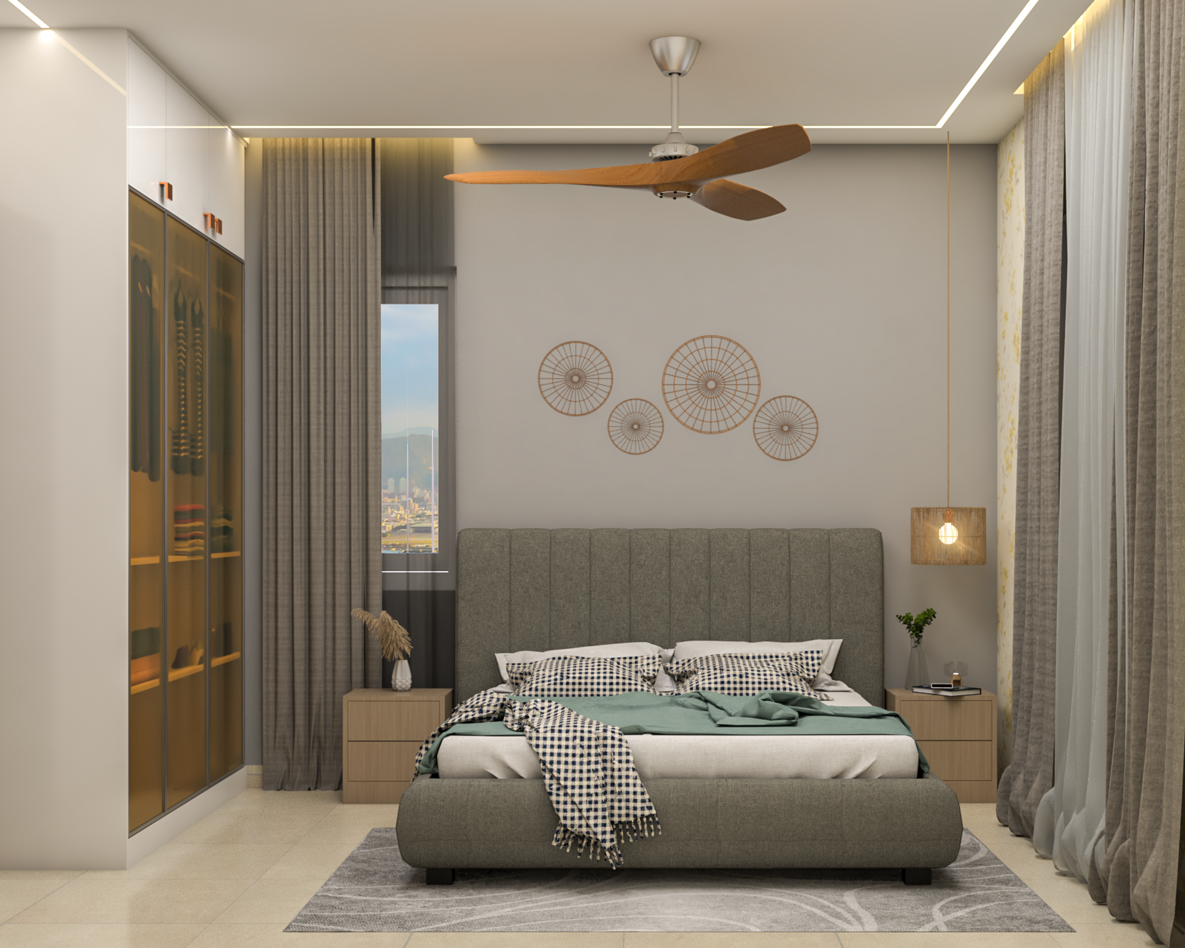 Compact Master Bedroom Design With Grey Upholstered Bed