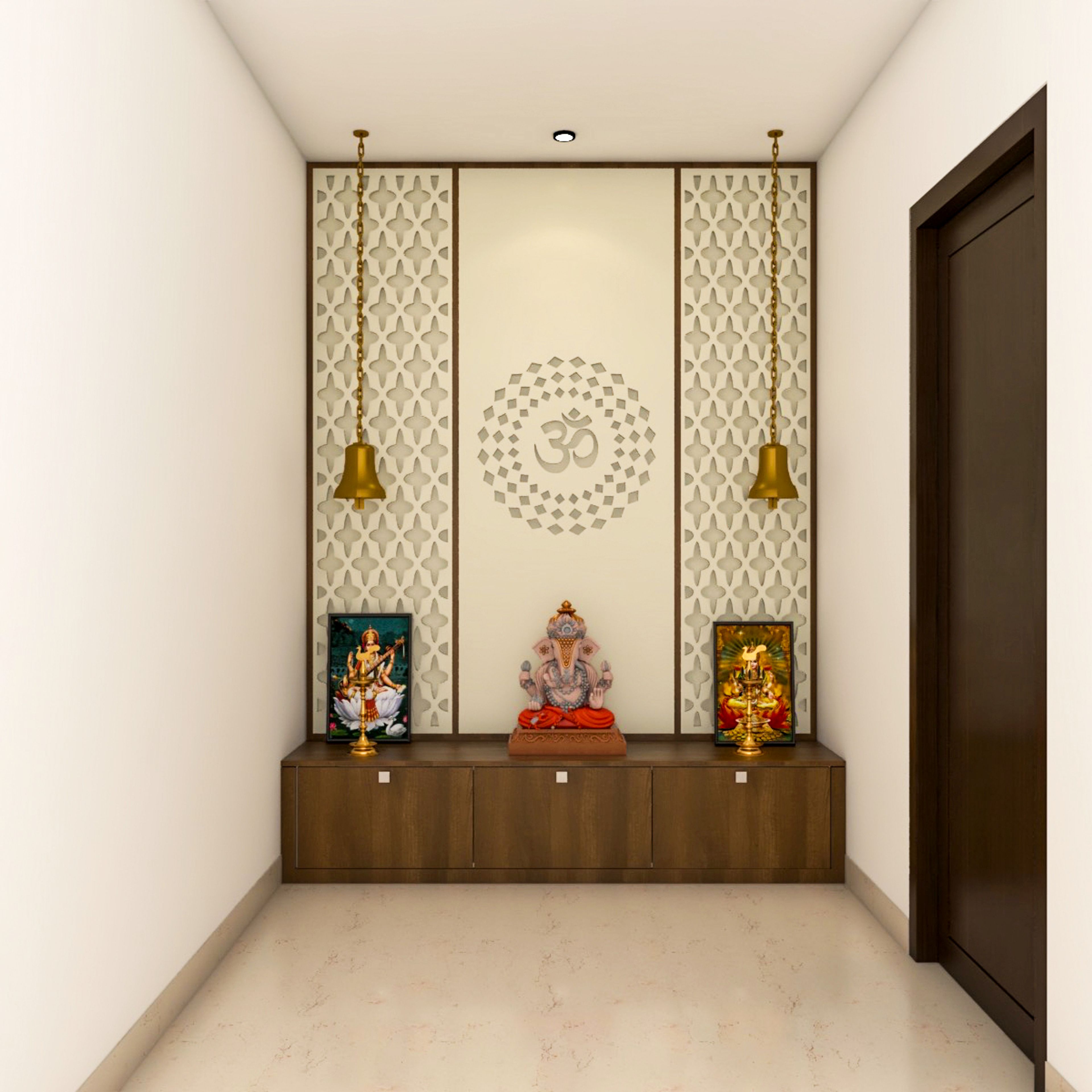 Modern Pooja Room Design With Wooden Storage And Intricate Backdrop