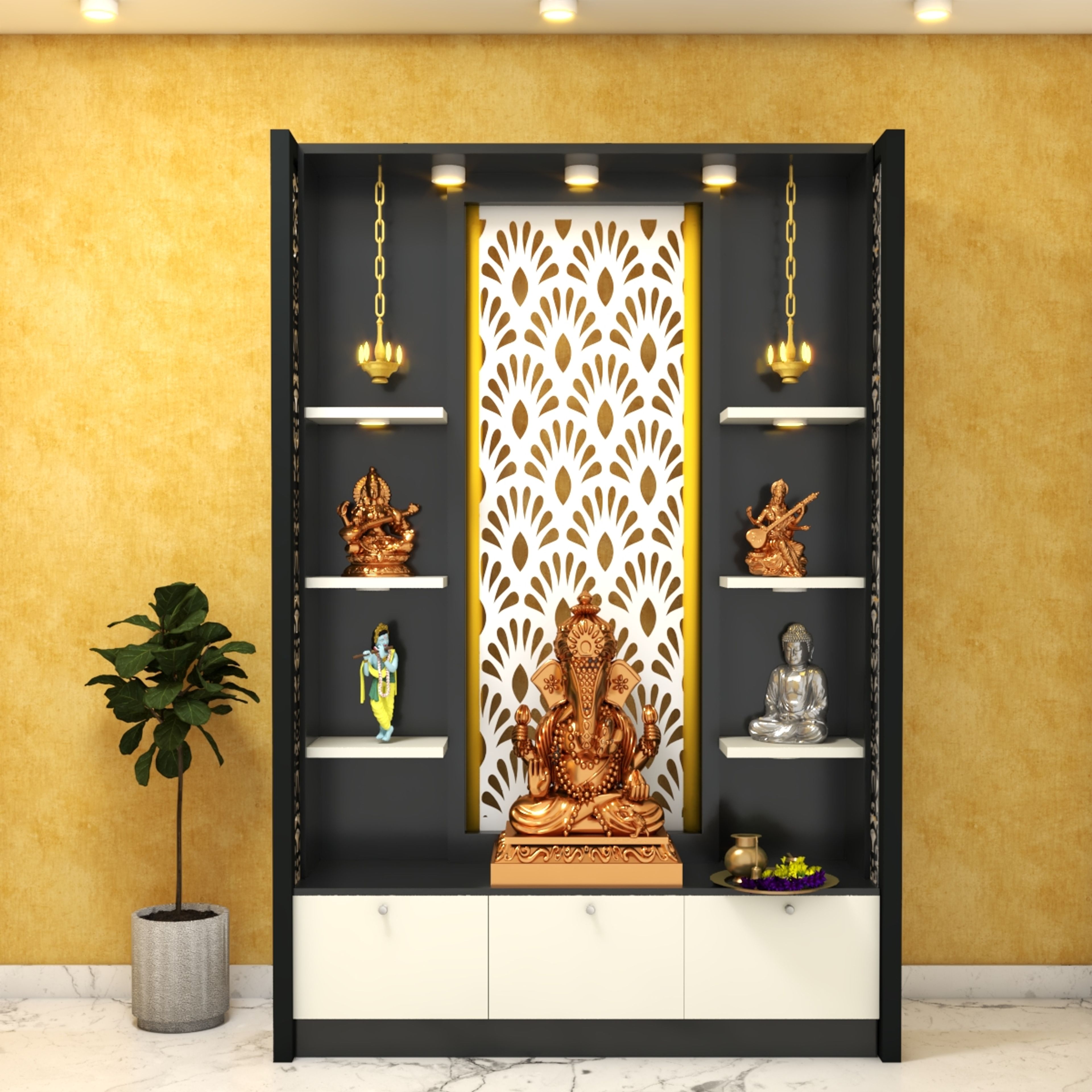 Modern Pooja Room Design With Yellow Wall Paint - Livspace