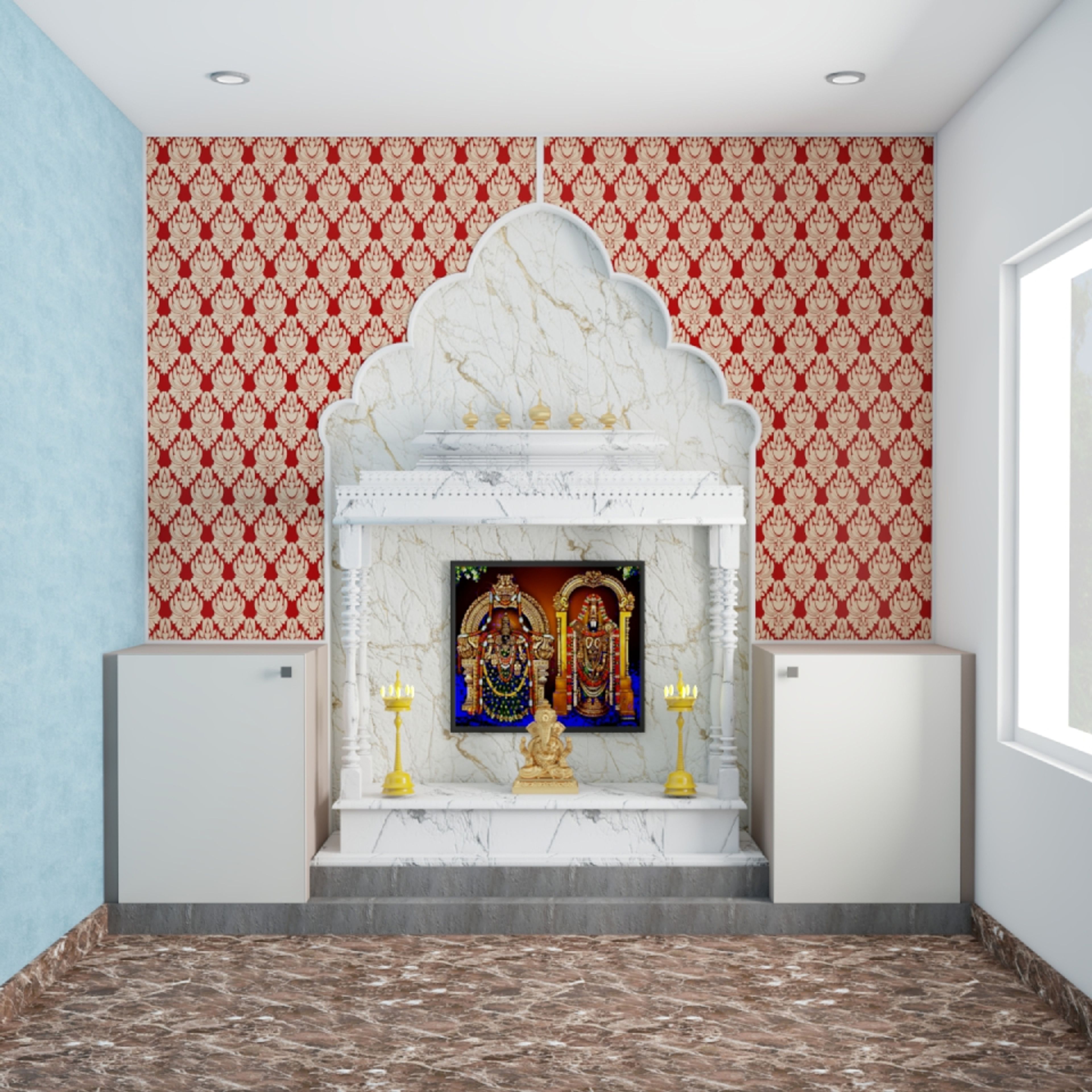 Modern Pooja Room Design With Red Ornamental Wallpaper