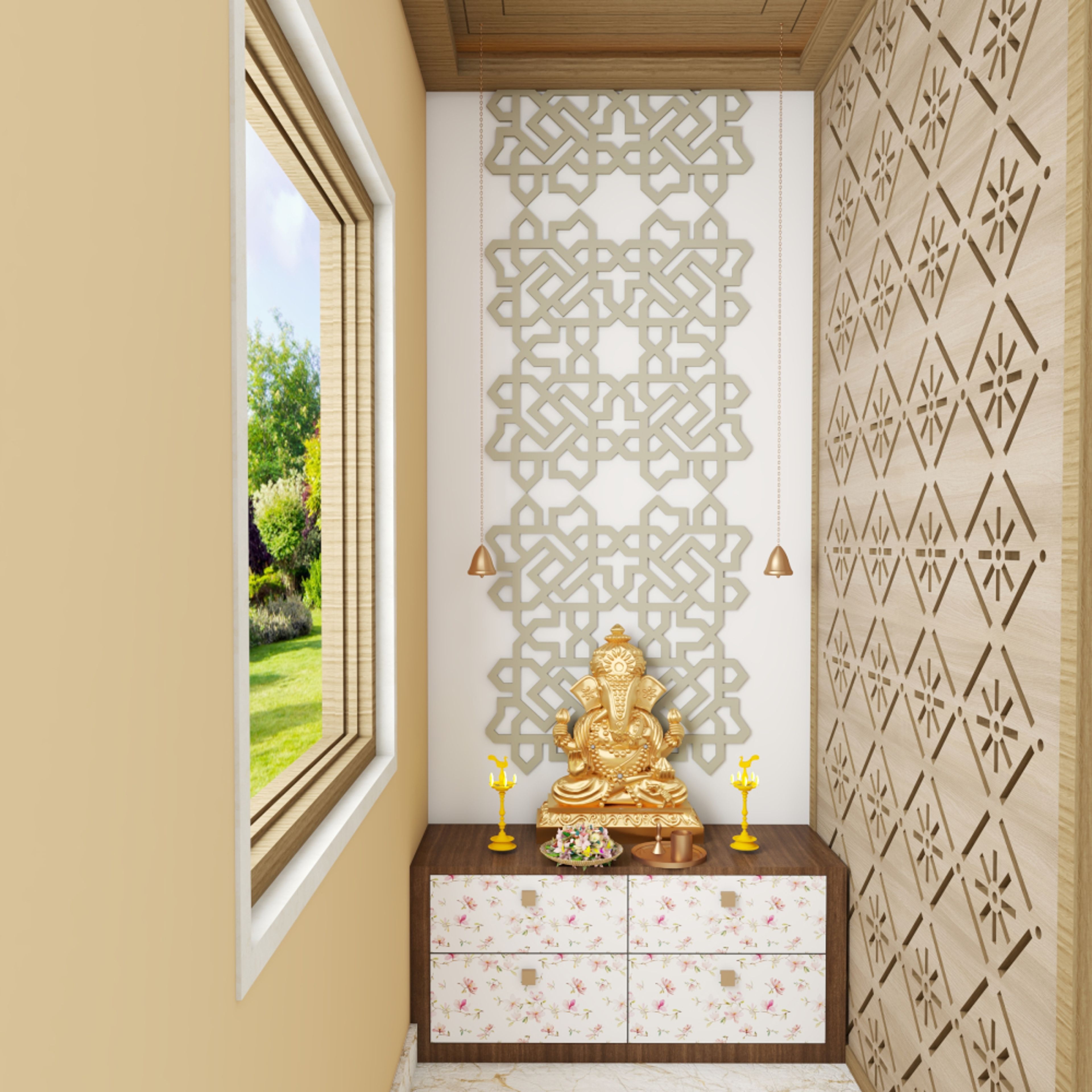 Modern Pooja Room Design With CNC Partition