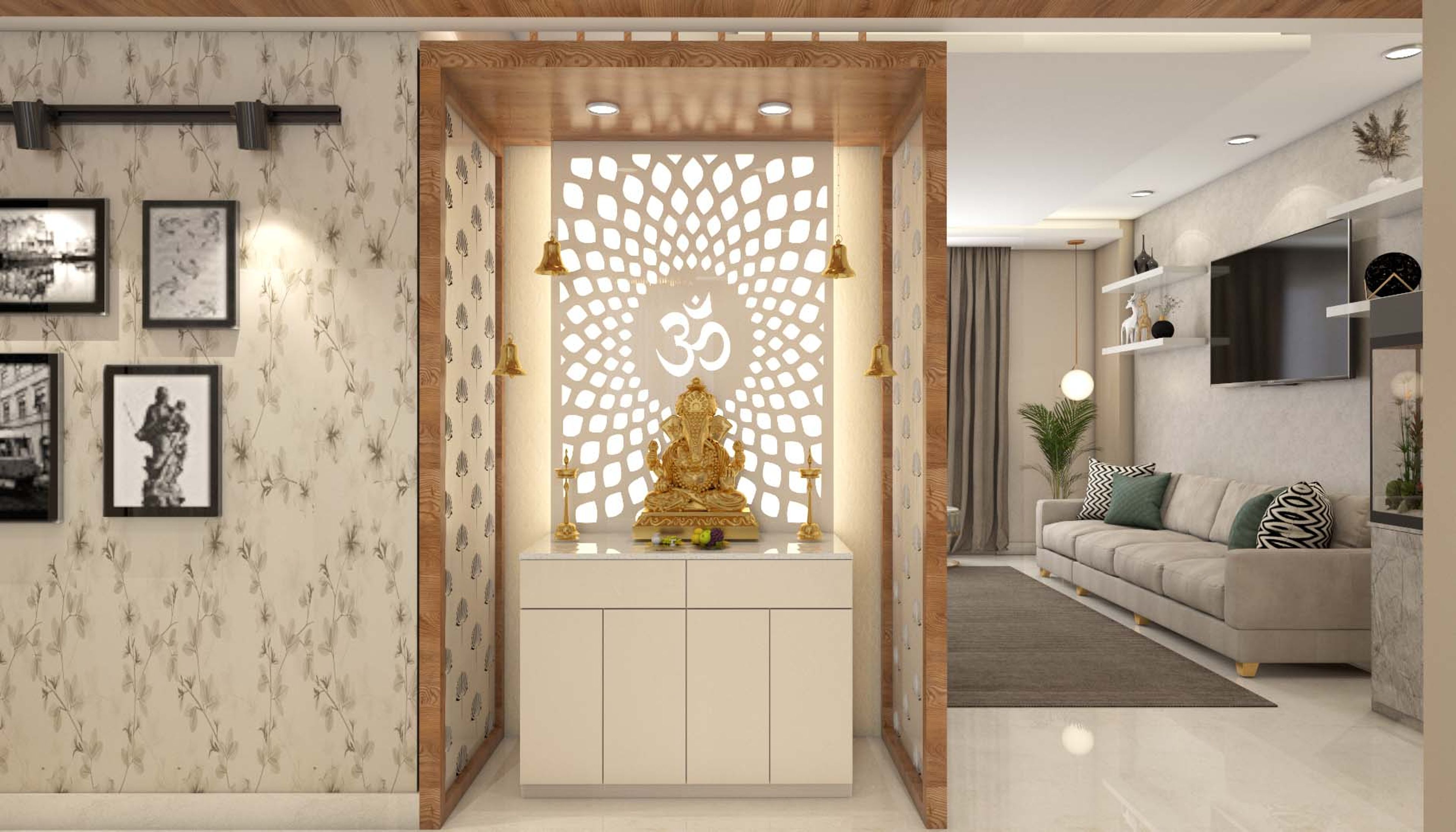 White And Wooden Contemporary Pooja Room Design