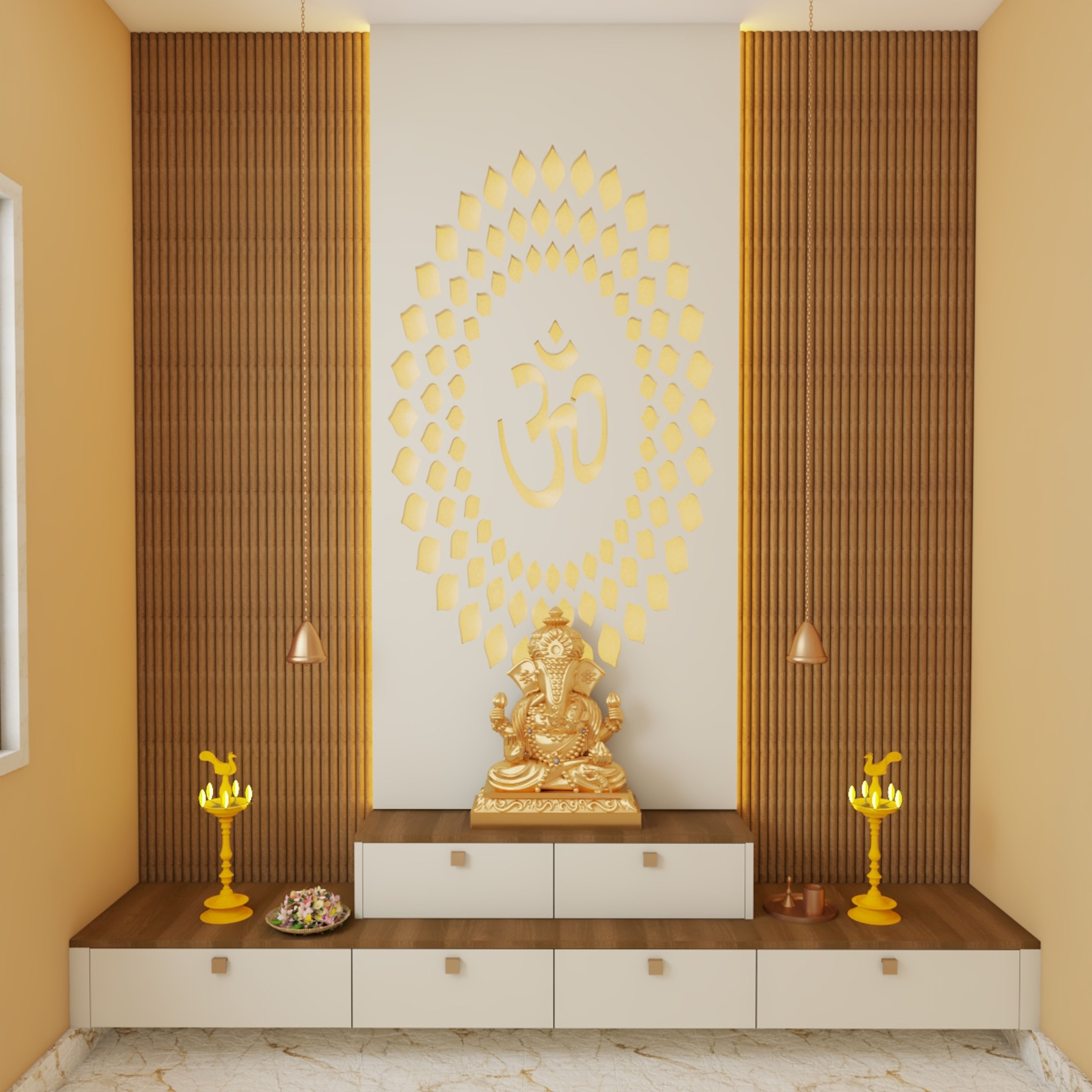 Modern Style Pooja Room Design With White Jali