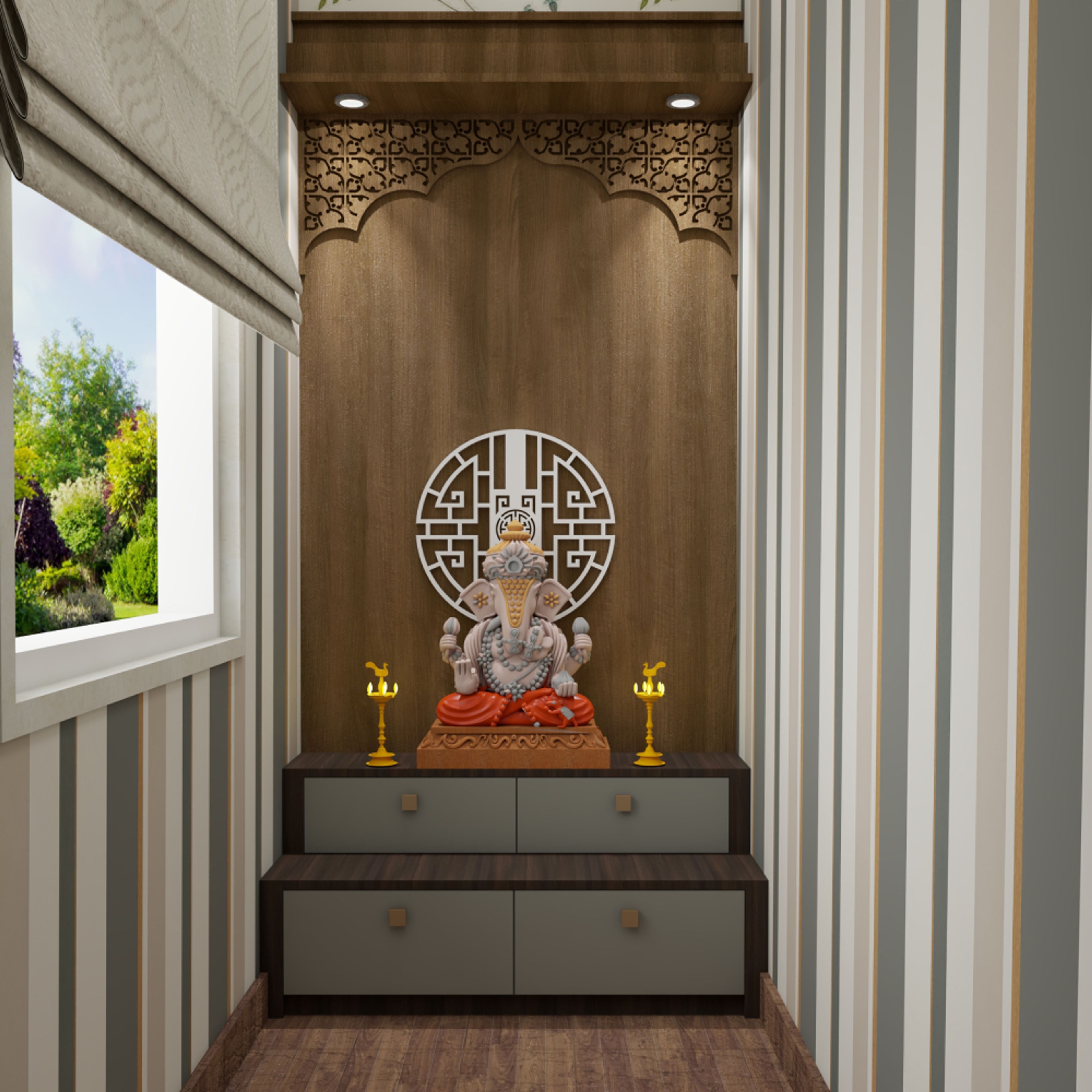 Compact Pooja Room Design With Striped Wallpaper